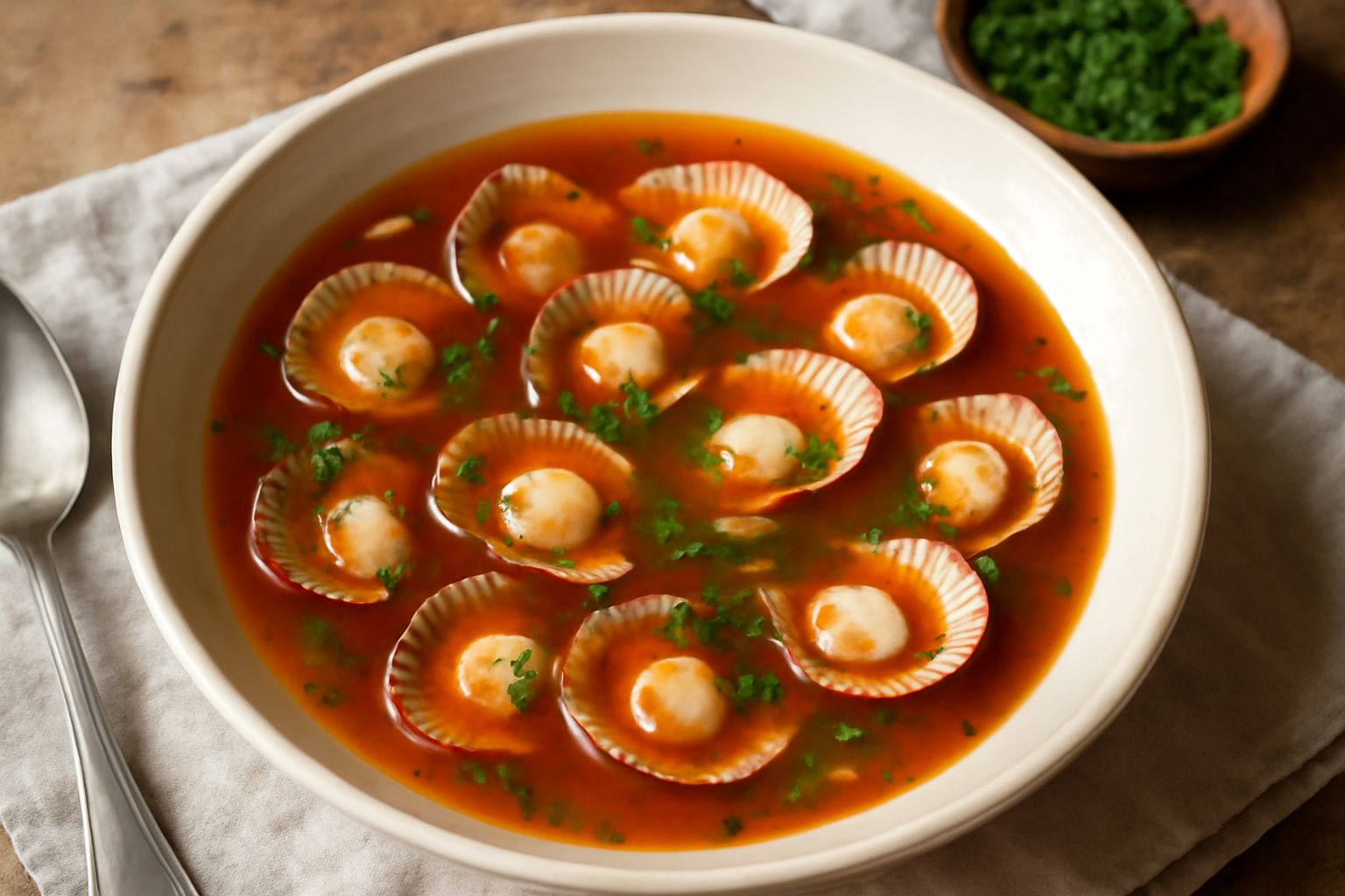 Zuppa di canestrelli in ciotola bianca con brodo rosso dorato, canestrelli aperti bianchi e rosa, prezzemolo verde fresco spolverato, fette di pane tostato ai lati, tavolo bianco