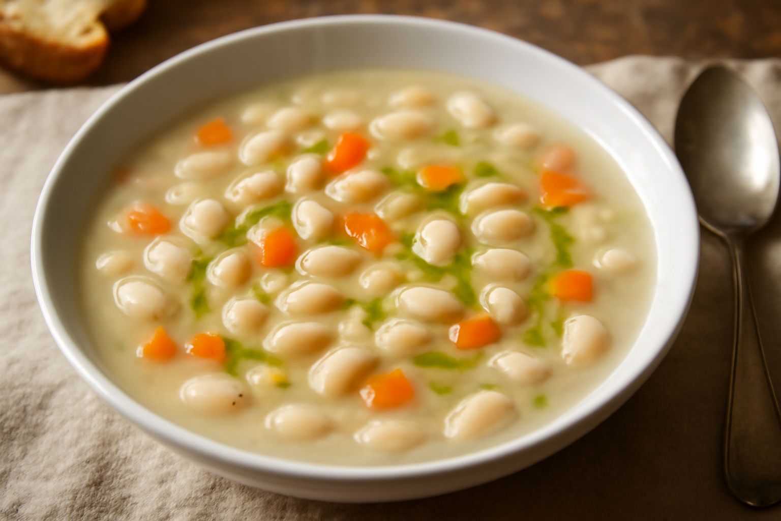 Ciotola bianca con zuppa di cannellini cremosi biancastri, con carote tagliate a dadini arancioni e sedano visibile, condita con olio d'oliva verde, vapore leggero sulla superficie, servita su tavolo 