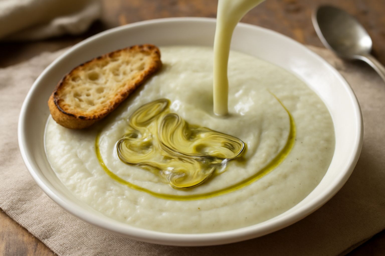 Zuppa di carciofi cremosa bianca e verde in ciotola bianca, guarnita da fettine di carciofo crudo e goccia d'olio verdognolo, con fette di pane tostato sul bordo