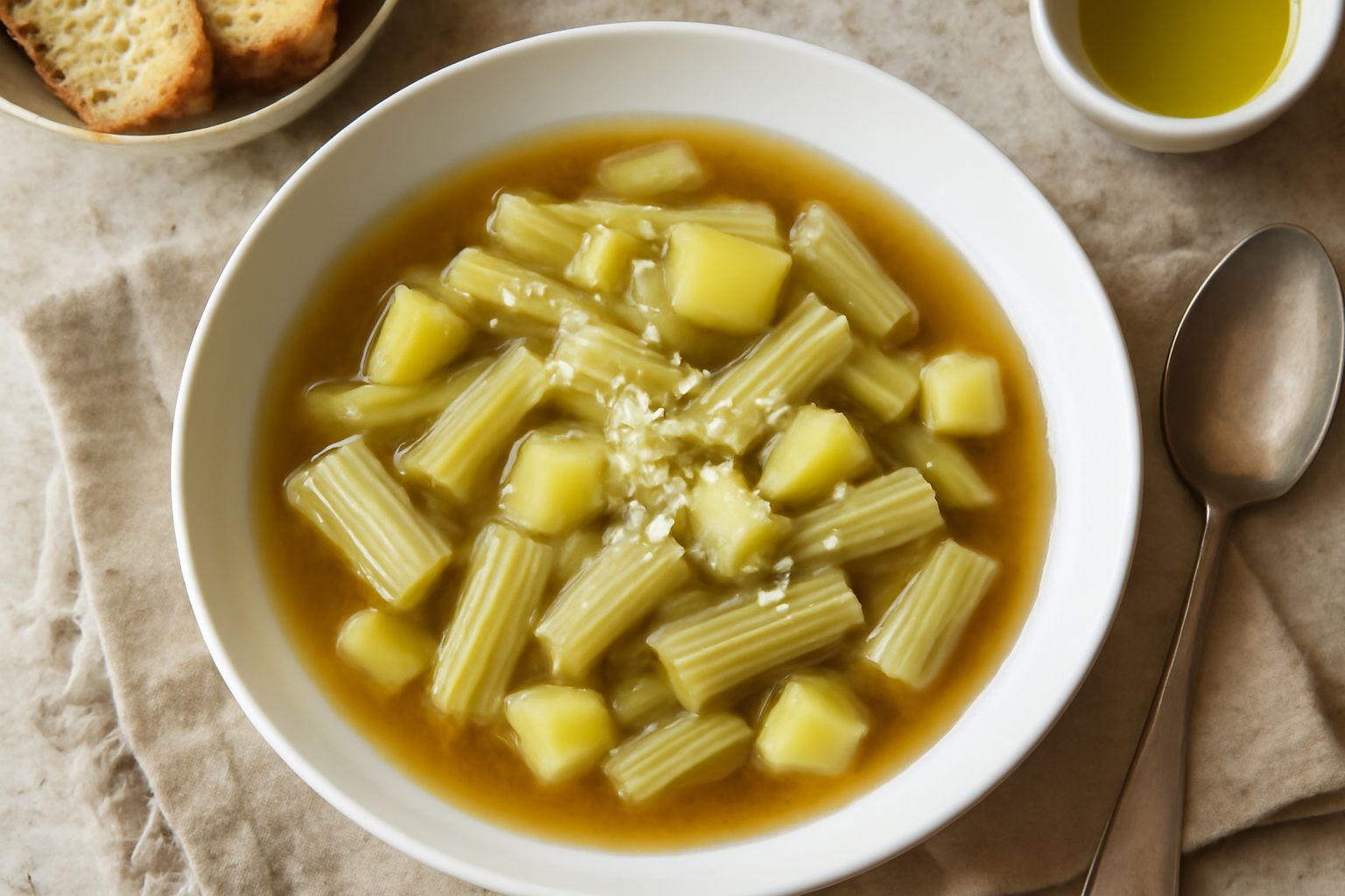 Zuppa di cardi in ciotola bianca, brodo trasparente con pezzi di cardi biancastri e verdi, patate morbide, filo di olio d'oliva in superficie, grana padano grattugiato, cucchiaio in acciaio dentro la 