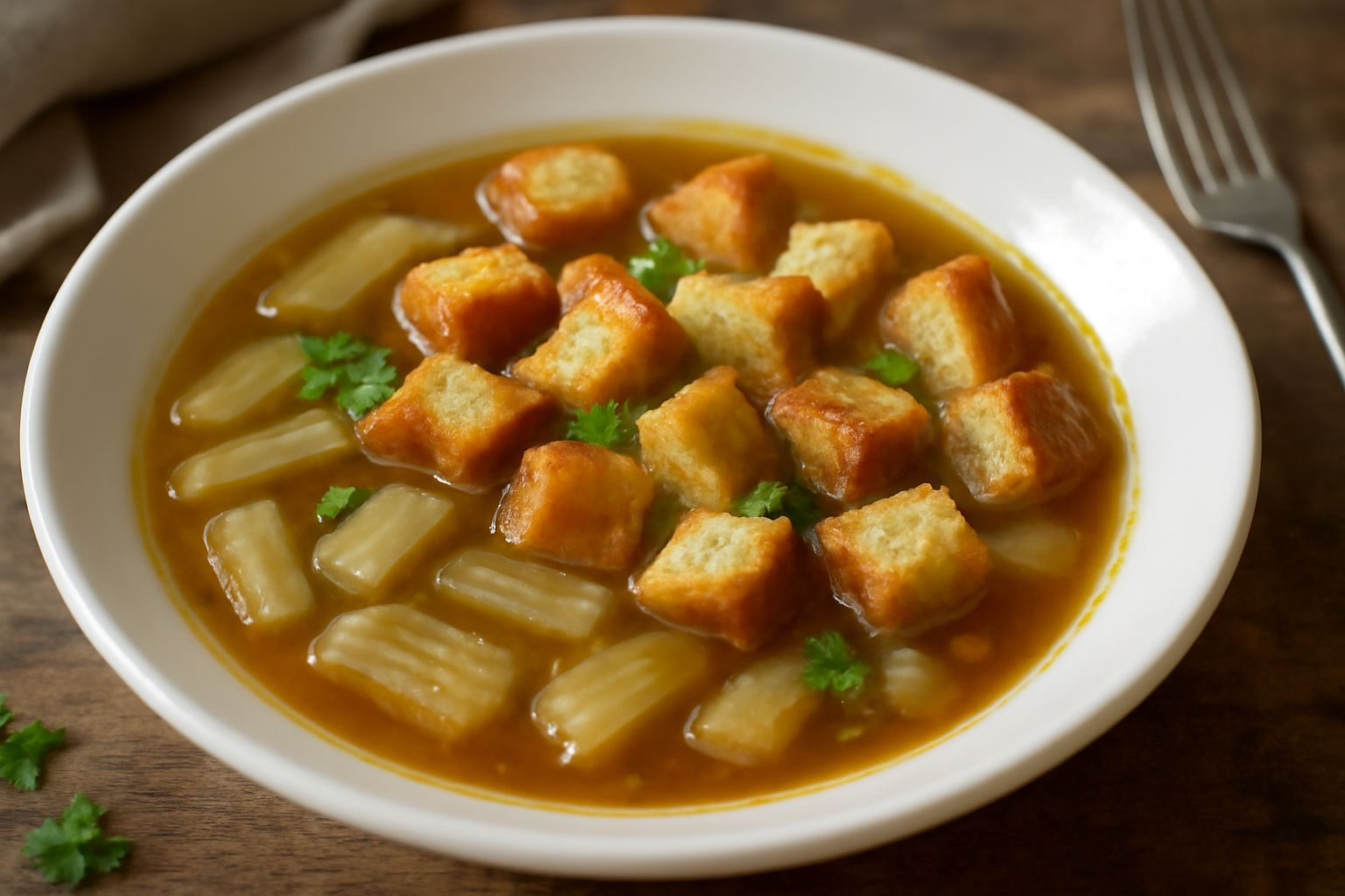 Zuppa di cardi in ciotola bianca: brodo trasparente color oro, fettine bianche di cardi affogati, cubetti di pane tostato color nocciola, goccia di olio verde in superficie, prezzemolo fresco tritato