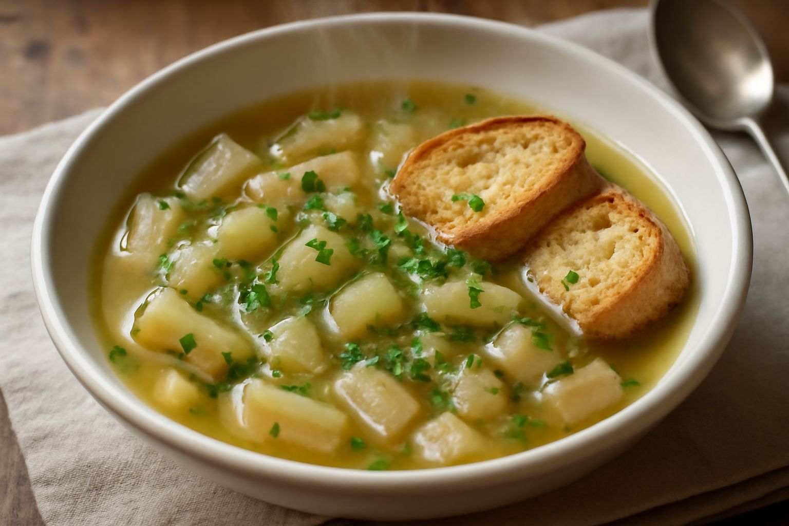 Una ciotola bianca di zuppa di cardi con pezzi visibili di cardo tenero, pane tostato dorato in superficie, brodo cremoso color ambra chiaro, guarnito con prezzemolo fresco verde scuro su un piatto da