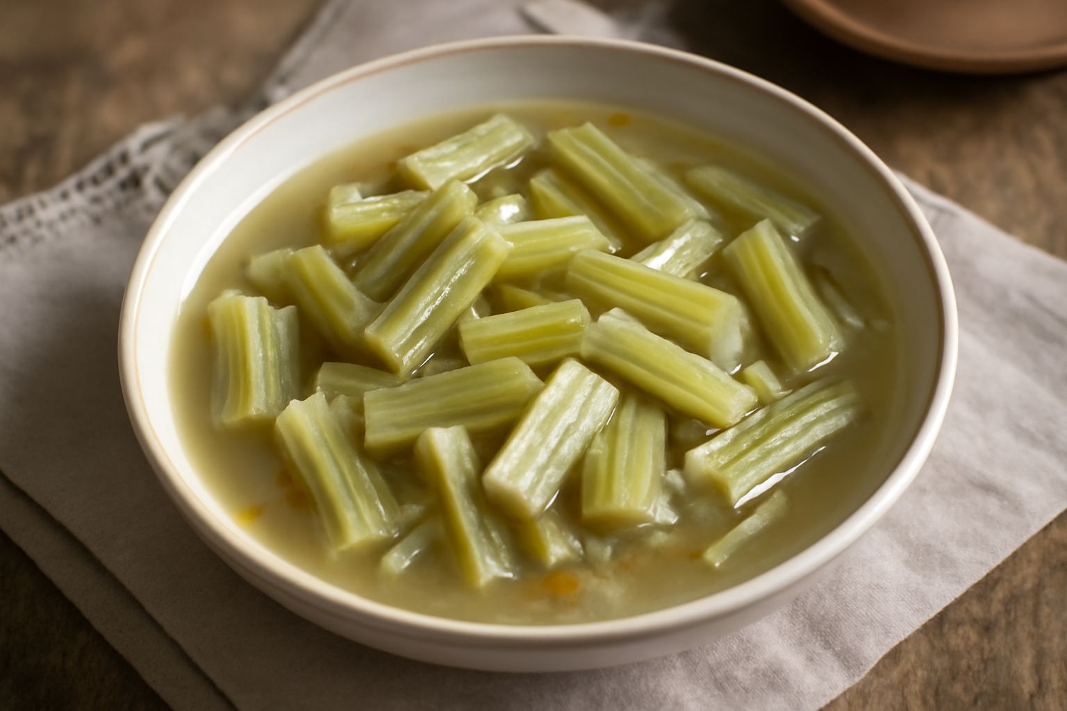 Una ciotola di zuppa di cardi selvatici color beige e verde chiaro, con cardi teneri e brodo trasparente, guarnita di prezzemolo fresco e un filo di olio di oliva, su un tavolo di legno rustico
