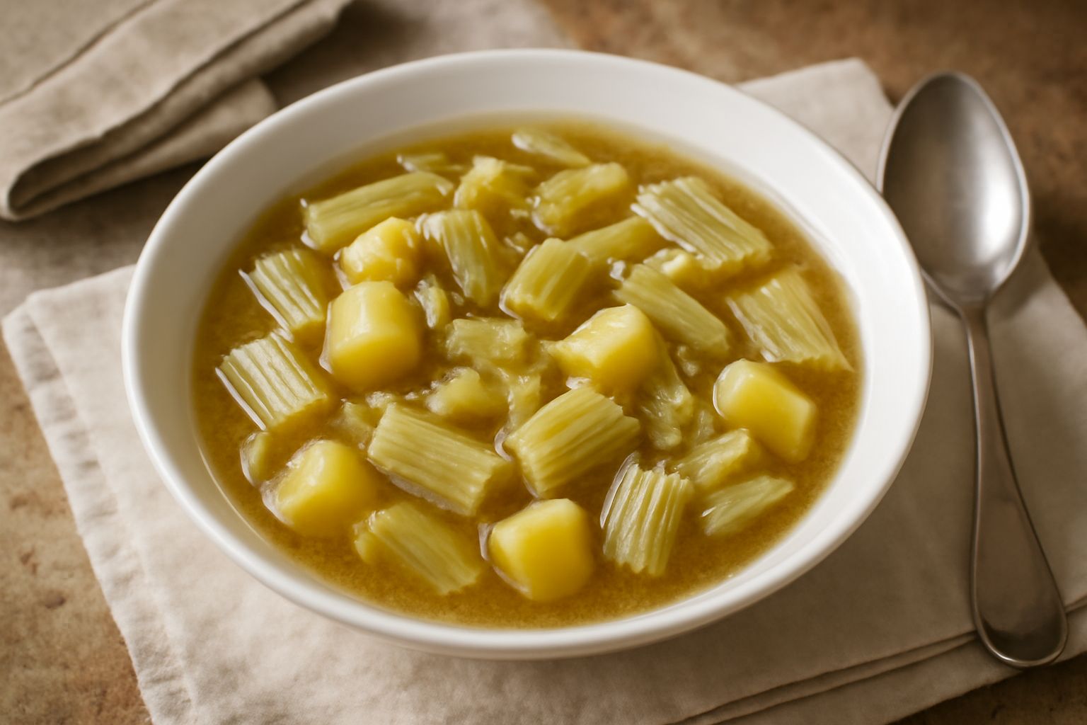 Zuppa di cardone in ciotola di ceramica bianca, con pezzi di cardone verde pallido e patate gialle in un brodo trasparente e dorato, servita con cucchiaio di legno su tavolo rustico
