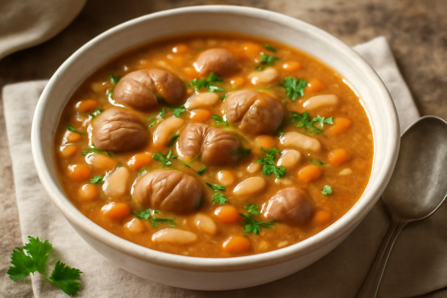 Zuppa densa in ciotola di ceramica bianca, con castagne intere visibili, fagioli cannellini color crema, pezzetti di carota arancione, sedano e prezzemolo fresco verde in superficie, su tavolo in legn