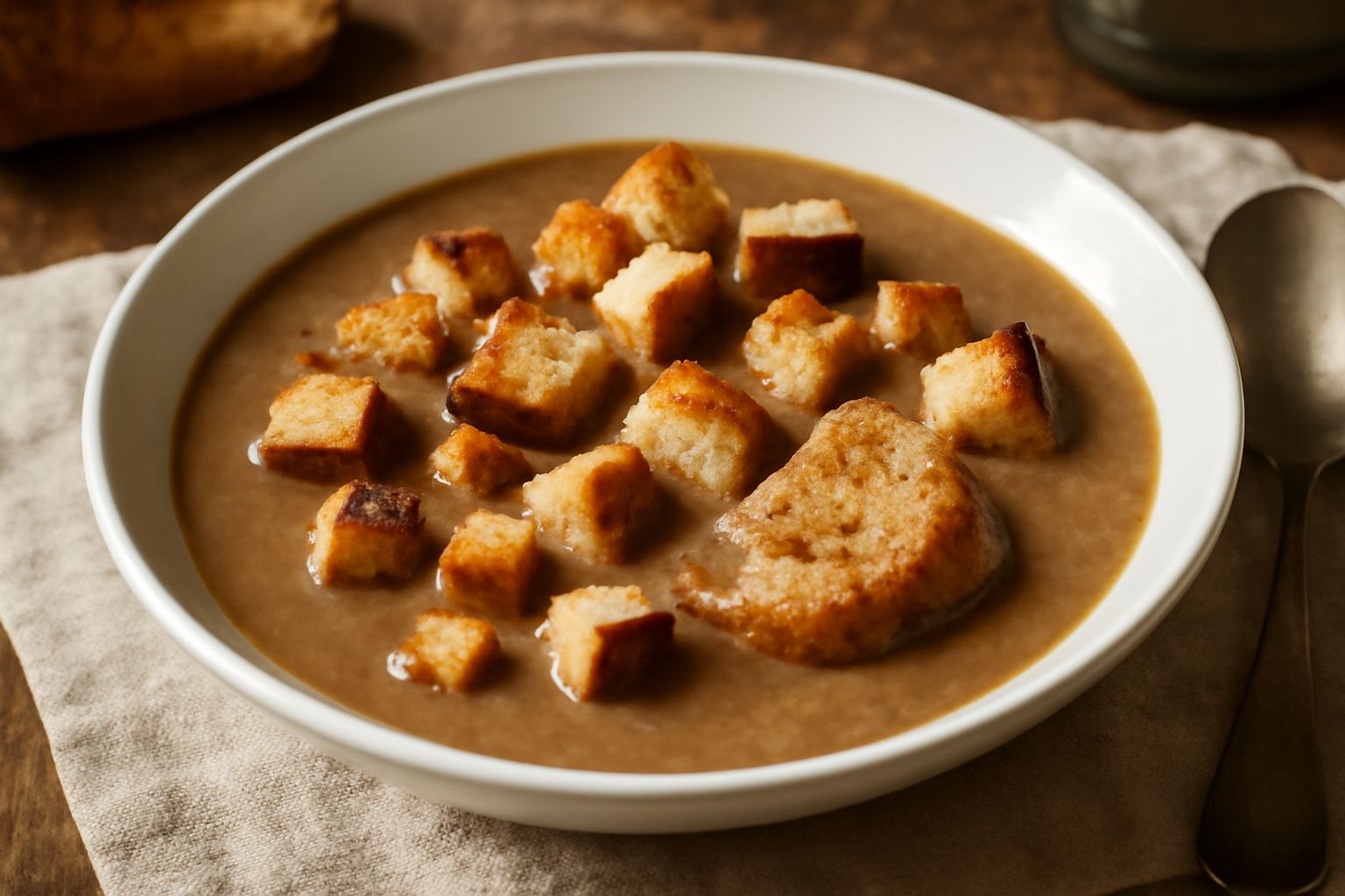 Zuppa di castagne e pane servita in ciotola bianca, cremosa e marrone scuro, con pezzi di pane tostato in superficie, vapore ancora caldo, contorno di castagne intere e un cucchiaio sul tavolo di legn