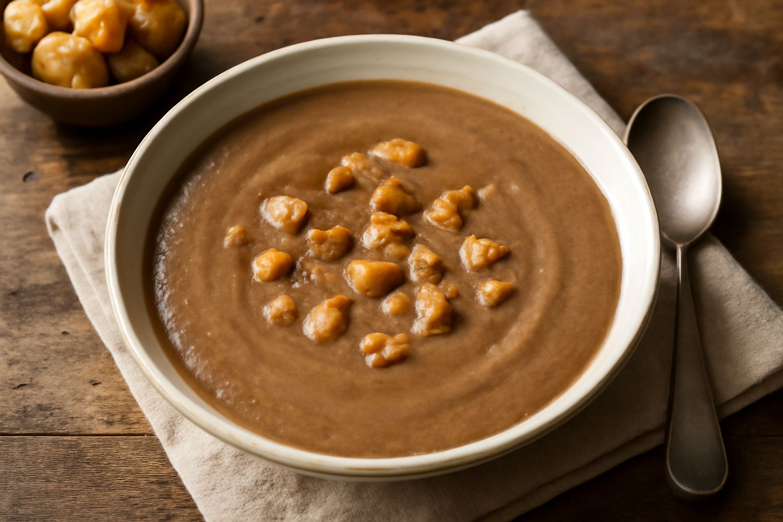 Zuppa di castagne secche in ciotola bianca, cremosa e marrone chiara, con castagne intere visibili, guarnita con prezzemolo fresco, cucchiaio accanto su tavolo in legno