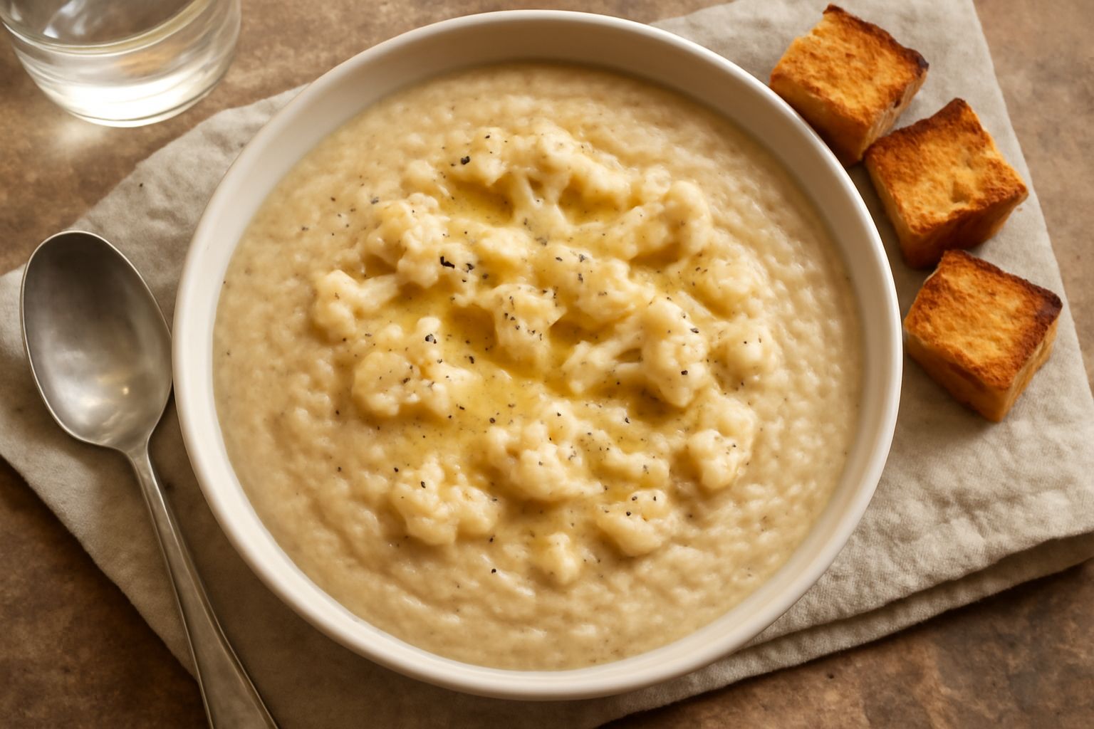 Ciotola bianca con zuppa di cavolfiore cremosa beige, guarnita con crostini di pane tostato e un filo di olio d'oliva, vapore leggero in superficie