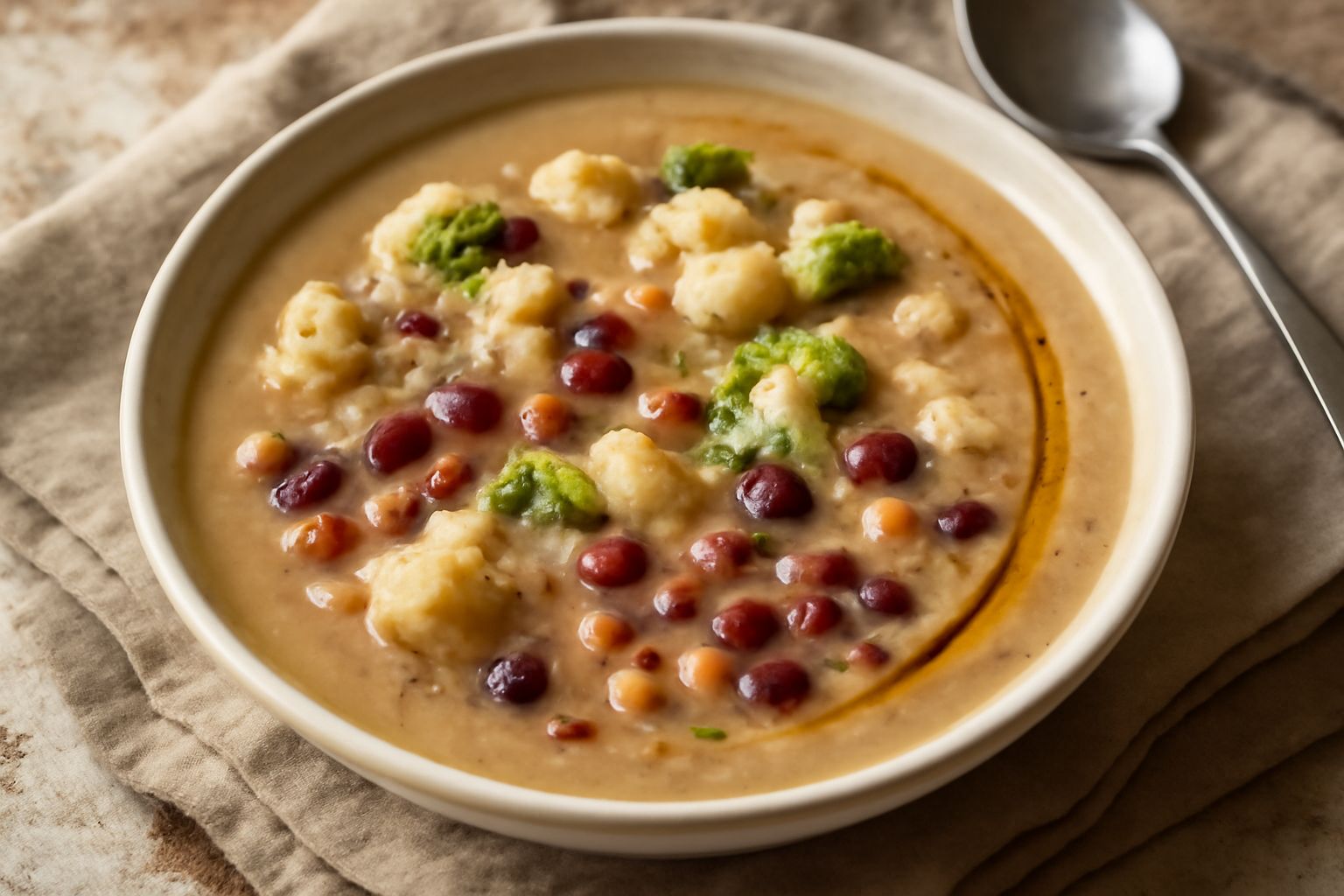 Ciotola bianca in ceramica con zuppa beige e verdognola, cavolfiore in piccoli pezzi visibile, legumi scuri sul fondo, gocce di olio d'oliva in superficie, pane tostato sul bordo del piatto, su tavolo