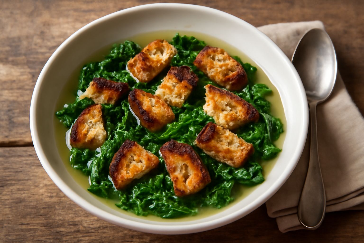 Zuppa di cavoli in una ciotola bianca: cavolo riccio verde scuro in brodo trasparente, pezzi di pane tostato galleggianti in superficie, filo di olio extravergine verde scuro sulla ciotola, cucchiaio 