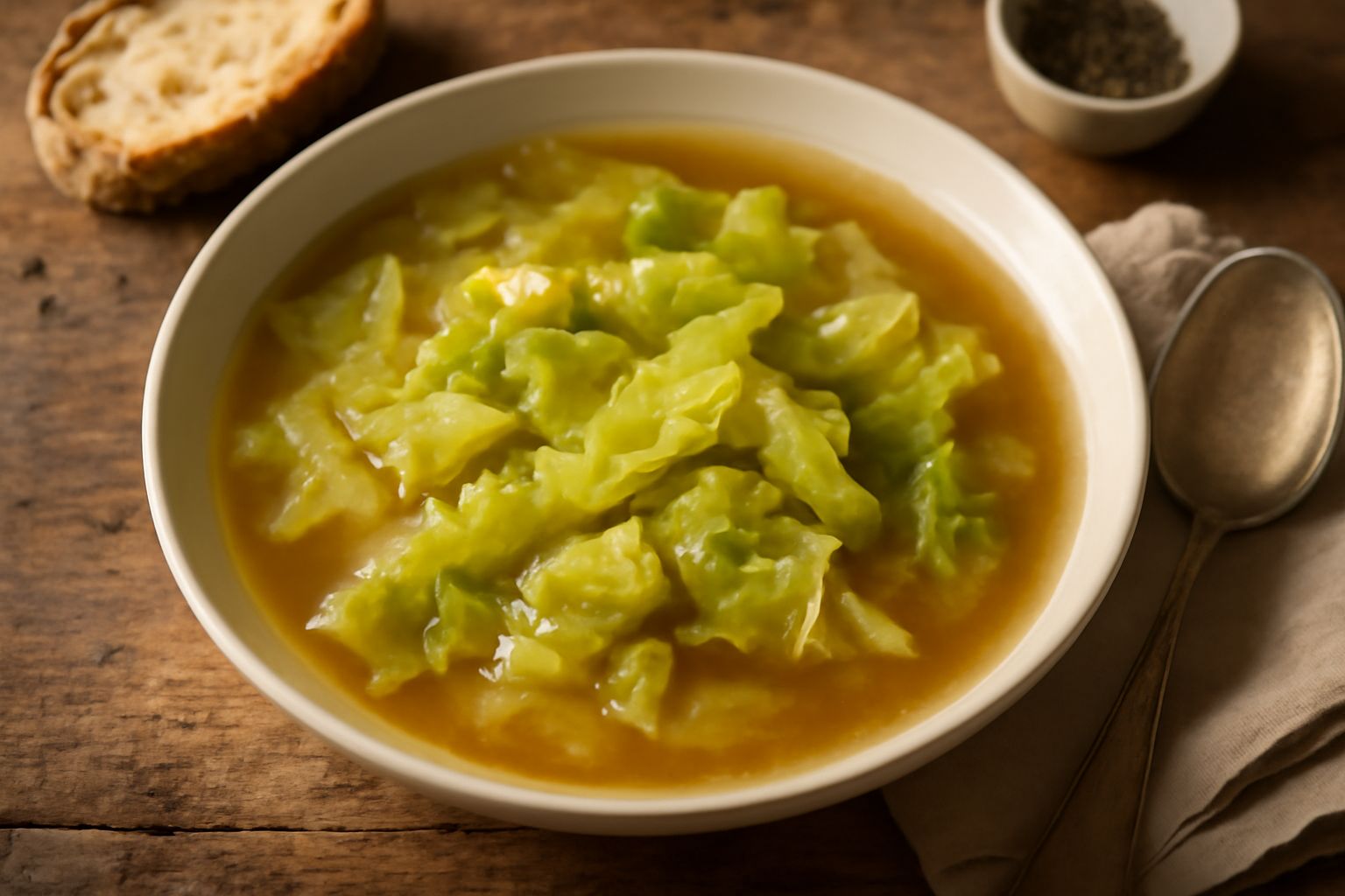 Una ciotola di zuppa di cavolo fumante con fette di cavolo verde e bianco visibili nel brodo dorato, guarnita con un filo di olio e pezzi di pane tostato sul bordo