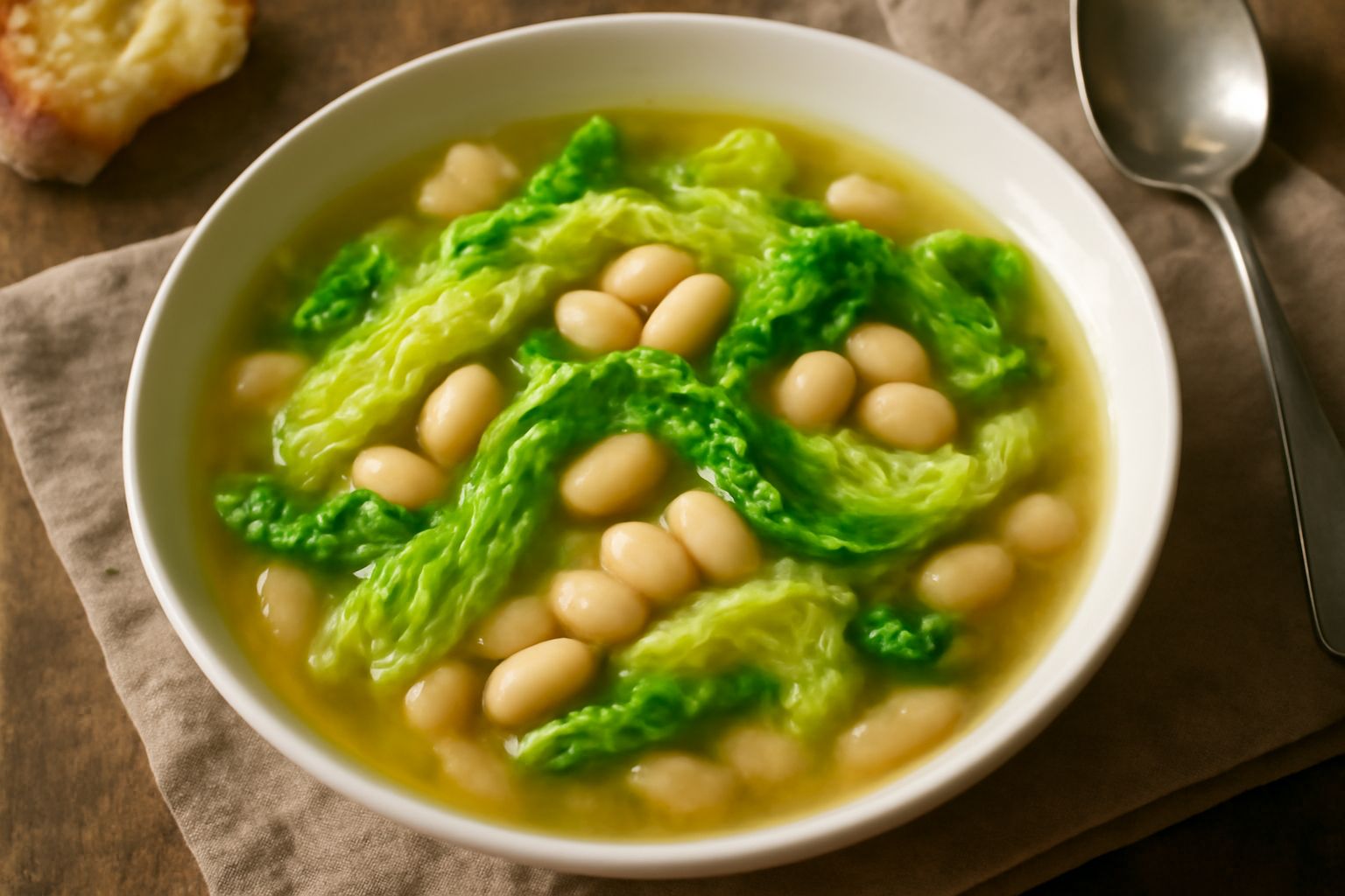 Zuppa di cavolo e fagioli in ciotola bianca, cavolo verde a striscioline, fagioli bianchi e rossi visibili nel brodo chiaro, fetta di pane tostato accanto, vapore che sale