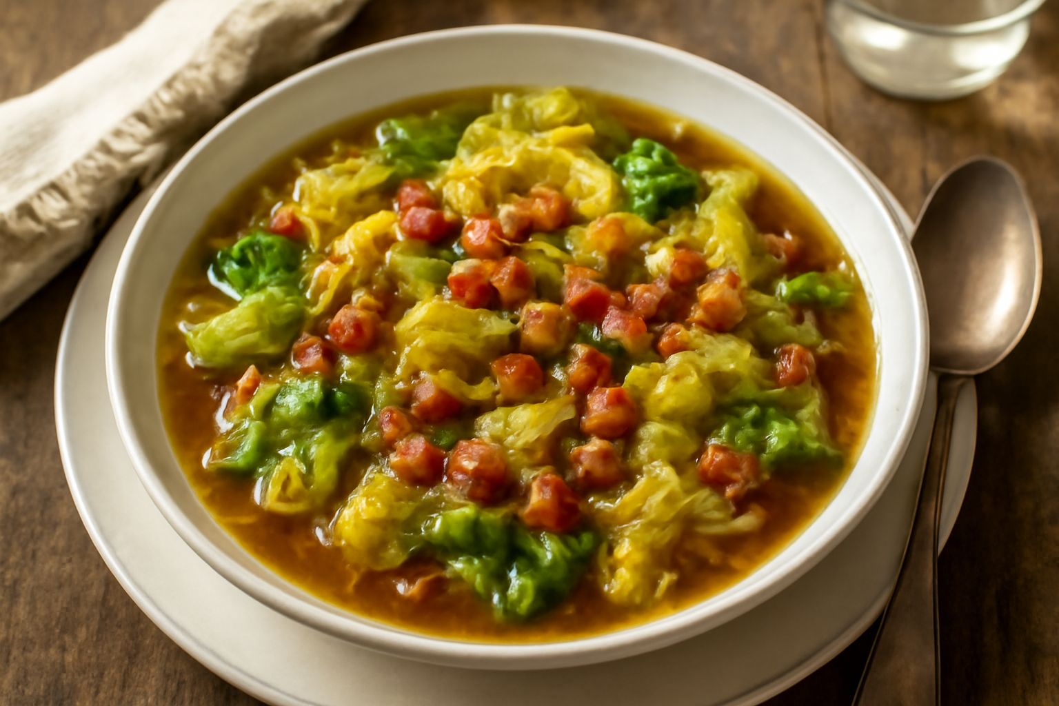 Zuppa di cavolo e pancetta in una ciotola di ceramica bianca, con strisce di pancetta croccante in superficie, cavolo verde e giallo, brodo trasparente, pane tostato sul bordo