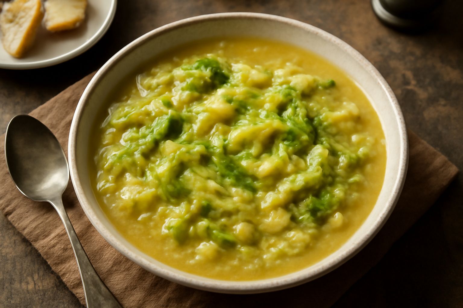 Zuppa di cavolo e patate in ciotola bianca su tavolo di legno, cavolo verde tagliato a striscie visibili, patate sfatte che ispessiscono il brodo, vapore leggero, cucchiaio di legno appoggiato sul bor