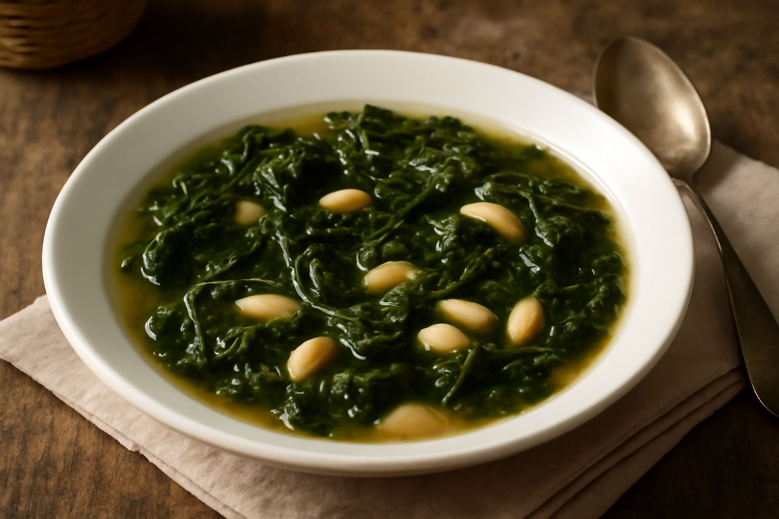 Ciotola di terracotta bianca con zuppa di cavolo nero: listarelle verde scuro, fagioli bianchi visibili nel brodo trasparente color ambra, gocce di olio d'oliva in superficie, pane tostato a lato