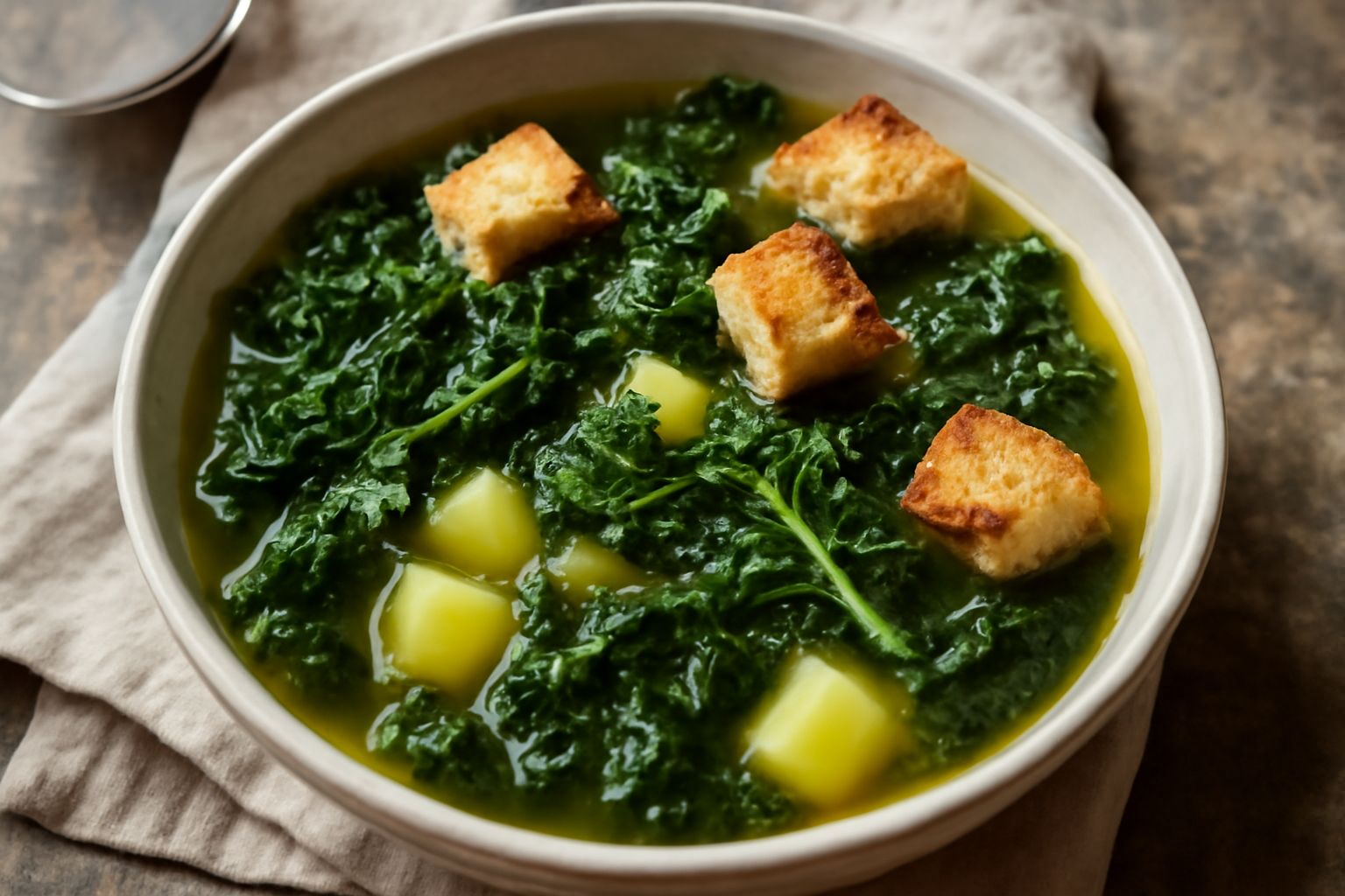 Zuppa di cavolo riccio in una ciotola bianca, con pezzetti di cavolo verde scuro visibili nel brodo trasparente, patate morbide, crostini dorati ai bordi e un filo d'olio d'oliva in superficie