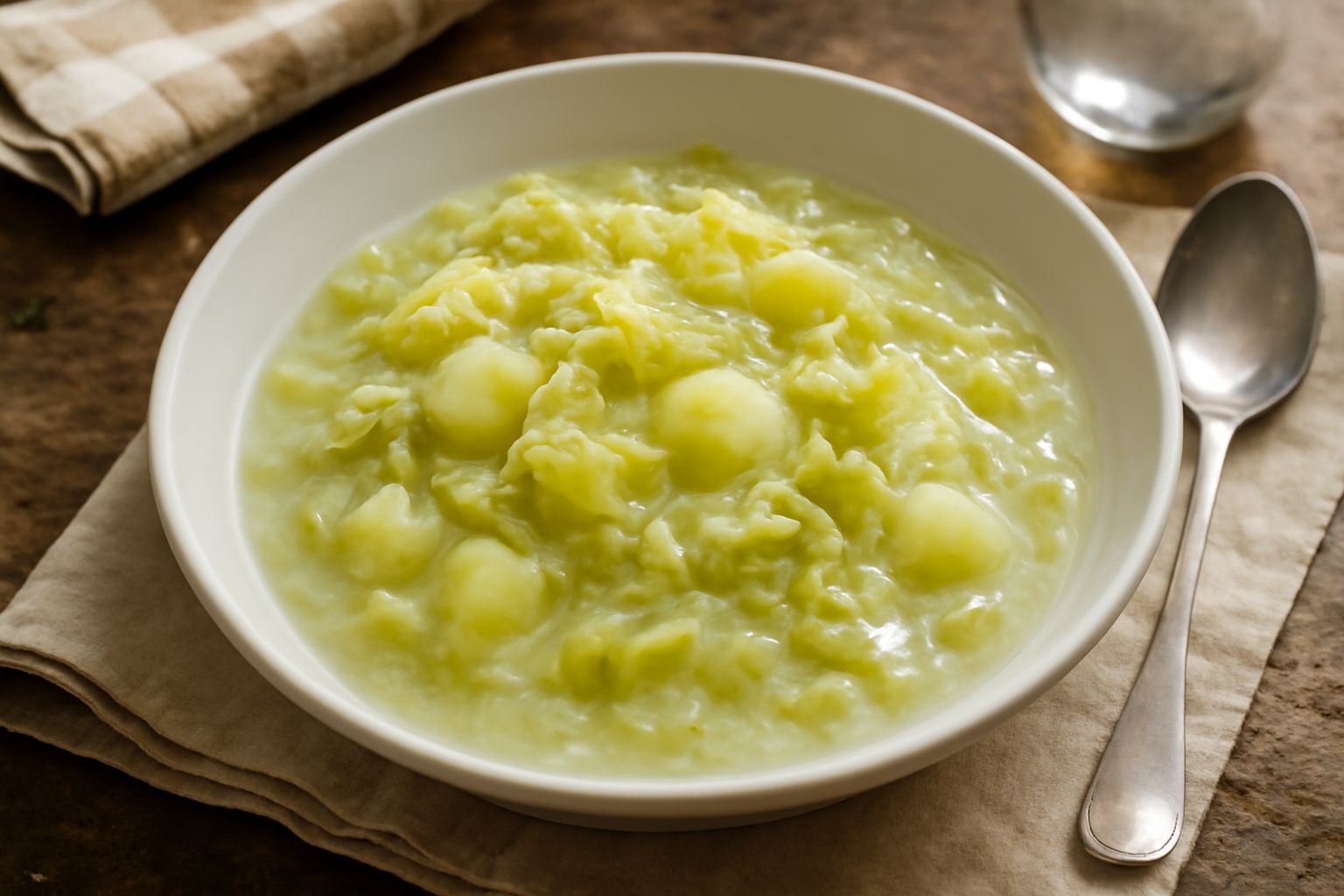 Zuppa di cavolo verza in ciotola bianca con pezzi di verza verde chiaro, patate cremose in brodo trasparente, olio d'oliva dorato in superficie, cucchiaio di legno appoggiato a bordo