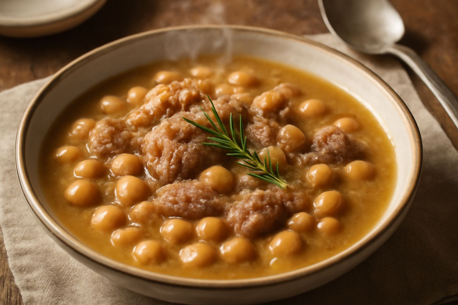 Zuppa di ceci e castagne in una ciotola bianca: liquido color ocra con ceci visibili e pezzi di castagna, guarnita con rosmarino fresco e filo di olio d'oliva