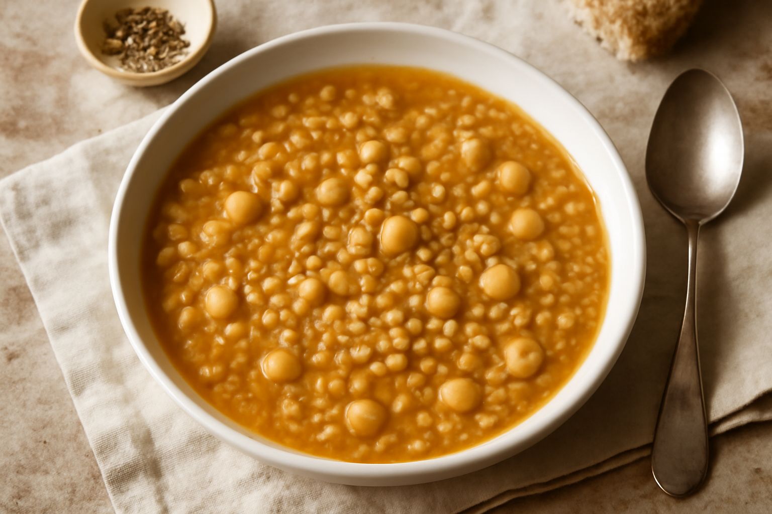 Zuppa di ceci e grano in una ciotola bianca: grani di grano gonfi color beige, ceci interi e spezzati in brodo trasparente dorato, con un filo di olio d'oliva verde e una foglia di prezzemolo fresco s