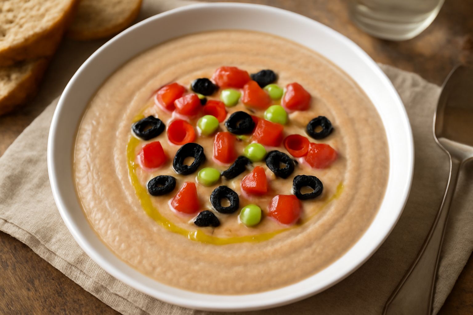 Ciotola di ceramica bianca contenente zuppa di ceci fredda color beige con superficie cremosa, gambi di sedano verde, pomodori rossi a dadini e filo d'olio d'oliva in superficie, accompagnata da pane 