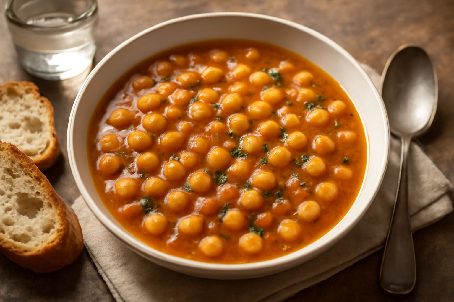 Zuppa di ceci in ciotola di ceramica bianca, pieni di ceci tondeggianti in brodo chiaro, con filo di olio e prezzemolo fresco sopra