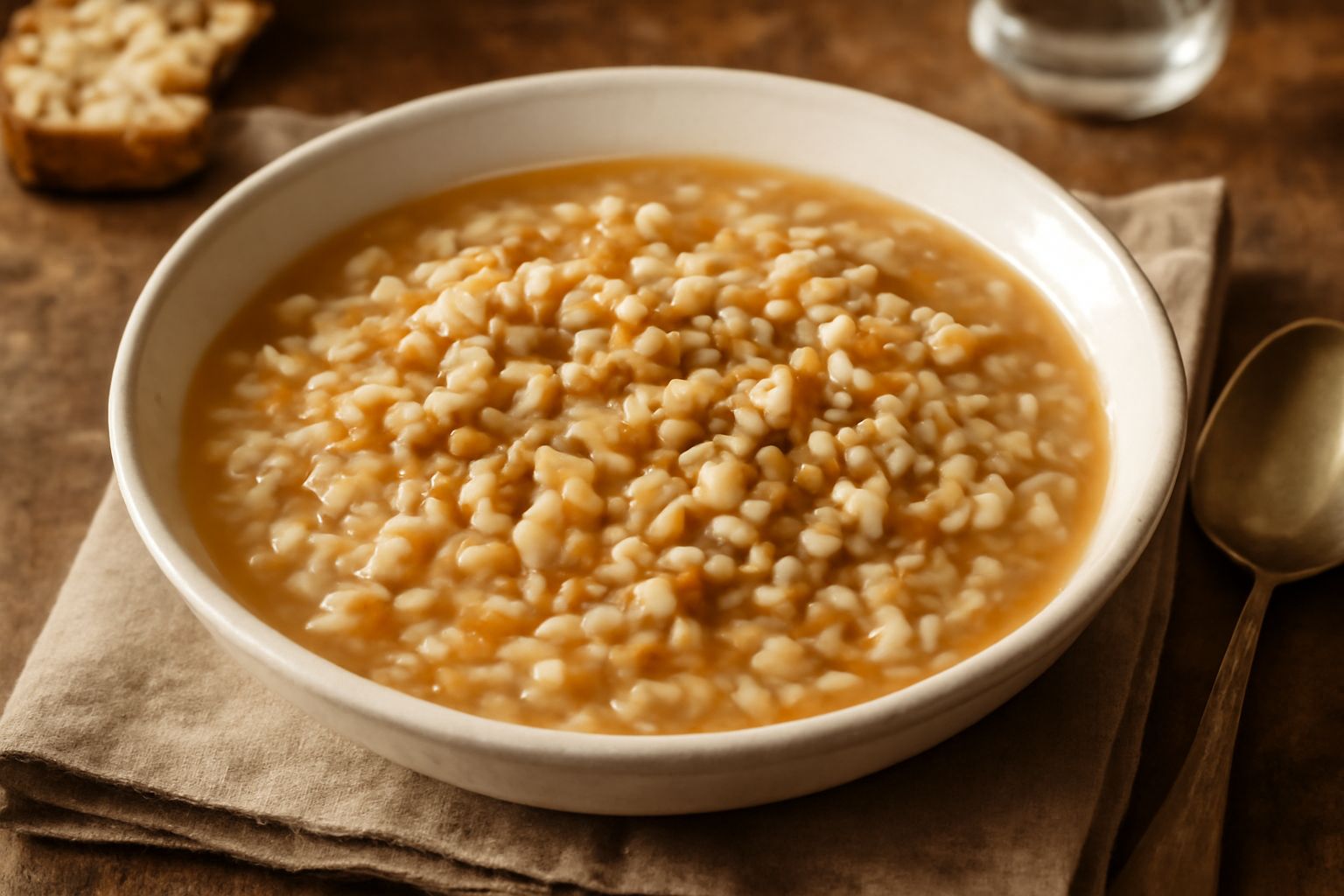 Zuppa di cereali in ciotola bianca, con orzo, farro e riso visibili nel brodo trasparente, guarnita con prezzemolo fresco e gocce di olio verde, su tavolo di legno