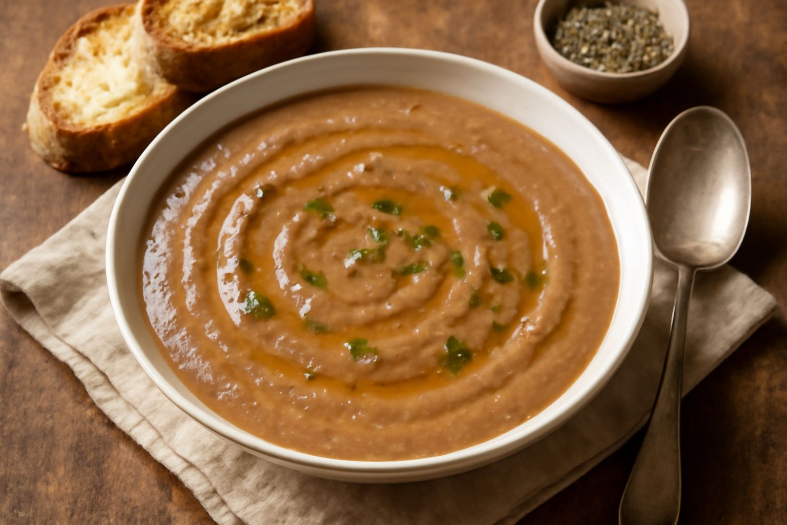 Zuppa di cicerchia in ciotola di ceramica bianca, con superficie cremosa e macchiata di olio d'oliva verde, foglie di prezzemolo fresco, accompagnata da pane tostato scuro sul bordo del piatto