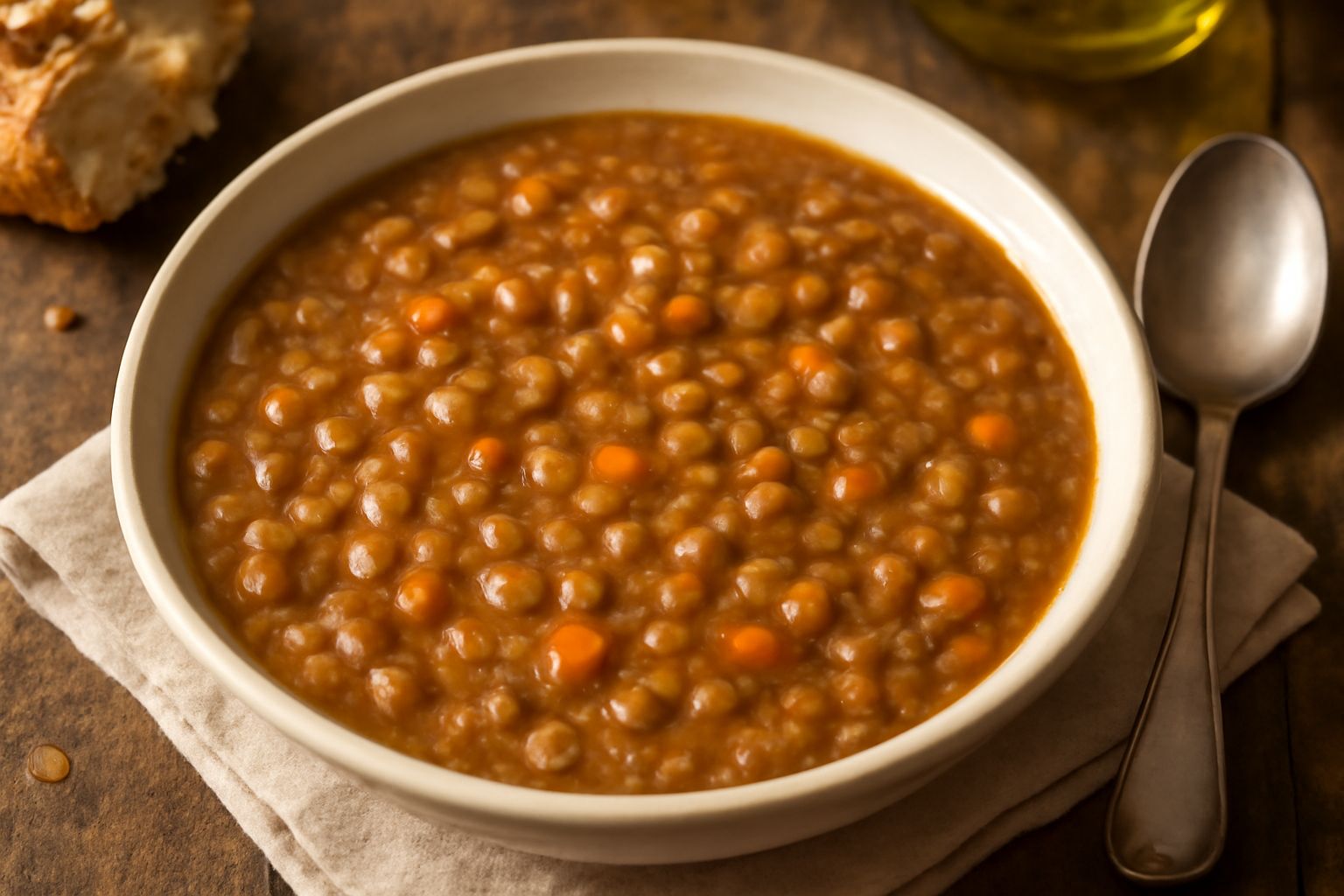 Zuppa di cicerchie in ciotola bianca: brodo marrone denso con piccoli legumi gialli e marroni, pezzetti di carota arancione e sedano verde, un filo di olio d'oliva in superficie, pane tostato accanto