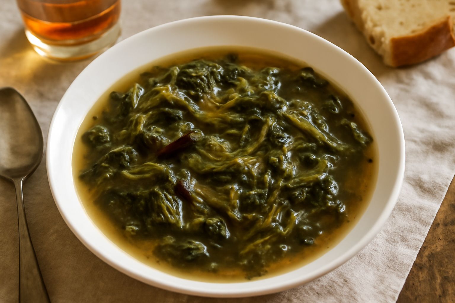 Ciotola di zuppa di cicoria con pezzi di cicoria verde scuro in brodo trasparente, accompagnata da fette di pane tostato ai bordi, servita in piatto bianco fondo su tavolo rustico
