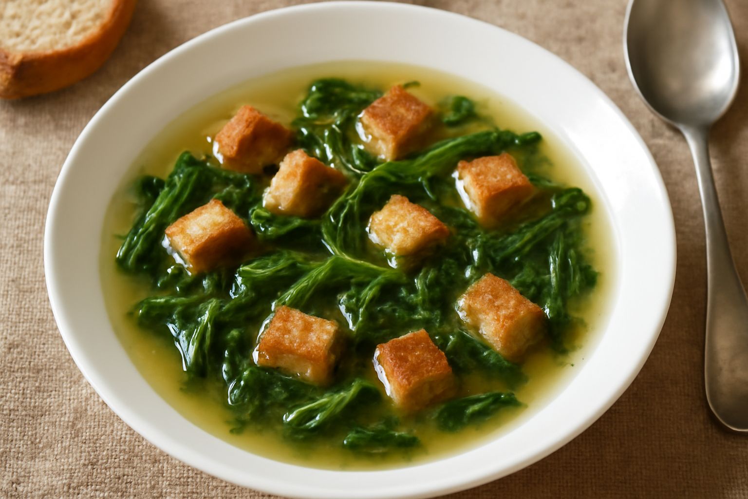 Ciotola di zuppa di cicoria e pane: brodo trasparente, cicoria verde scuro a pezzetti, cubetti di pane tostato dorato sparsi in superficie, filo d'olio verde chiaro, cucchiaio in ceramica bianca