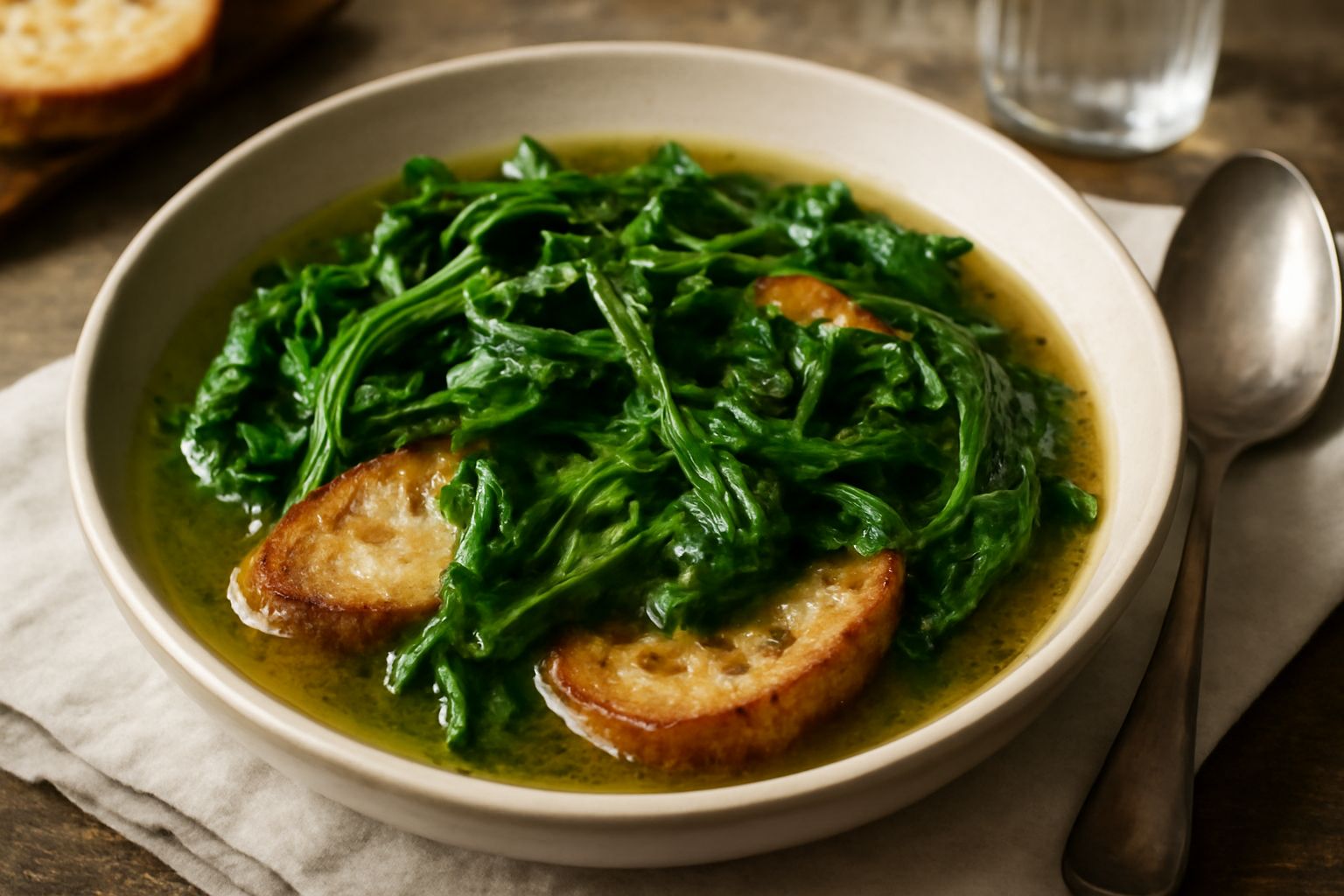 Zuppa di cicoria ripassata in ciotola di terracotta, cicoria verde scuro in brodo dorato, fette di pane tostato croccante in fondo, filo di olio verde in superficie, cucchiaio di legno appoggiato sul 