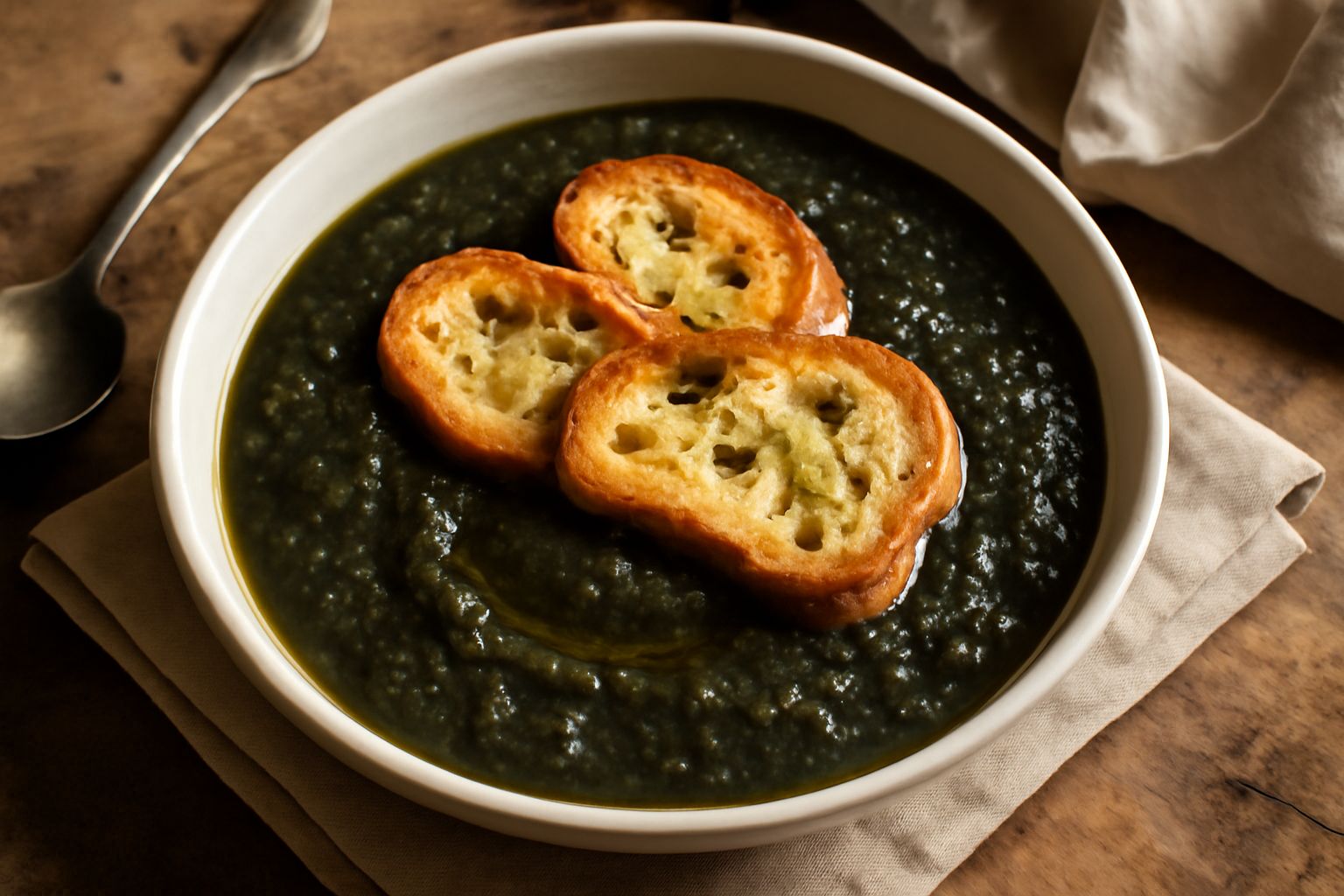 Ciotola di zuppa di cicoria verde scuro con fettini di pane tostato dorato in superficie, olio d'oliva che crea una striatura gialla sul bordo, servita in una scodella bianca opaca su un tavolo di leg