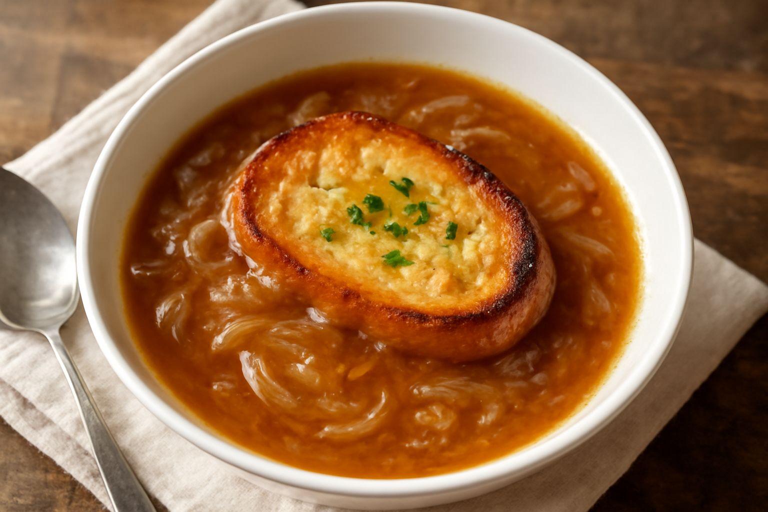 Zuppa di cipolla in una ciotola bianca con pane tostato dorato poggiato sulla superficie, vapore che sale, brodo caldo color ambra con cipolle morbide visibili