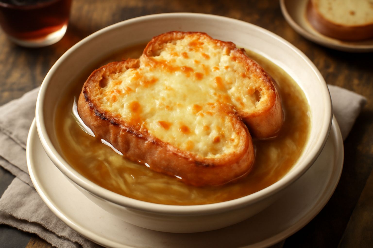 Zuppa di cipolla calda in ciotola di ceramica bianca, con fette di pane tostato galleggianti, formaggio fuso dorato in superficie, cipolle marroni caramellate visibili nel brodo trasparente e tiepido