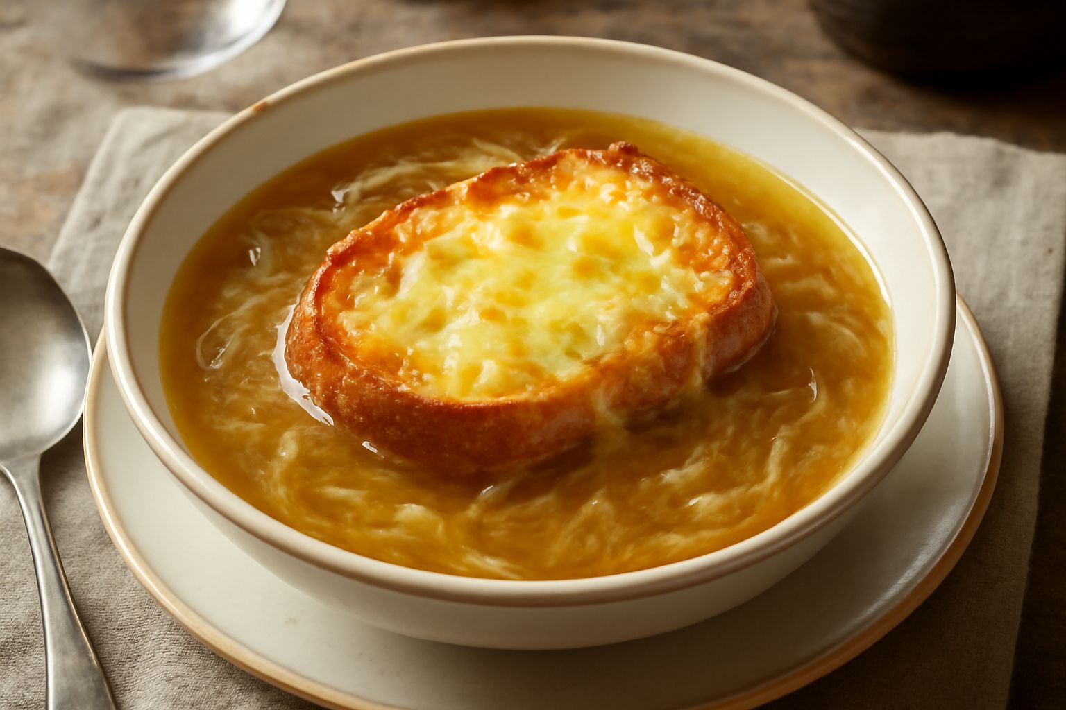 Zuppa di cipolla friulana servita in una ciotola bianca, con cipolla caramellata morbida color oro, pane tostato galleggiante, formaggio filante e brodo trasparente, contornata da un cucchiaio in acci