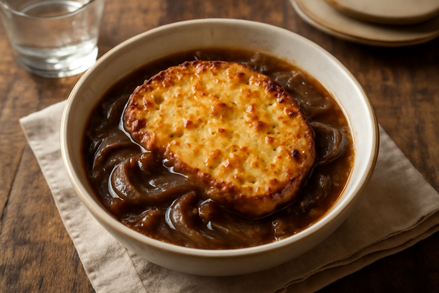Zuppa di cipolla gratinata in ciotola di ceramica bianca, con croste di formaggio fuso e dorato in superficie, brodo caldo color ambra visibile ai lati, cipolla caramellata marrone scuro sommerse nel 