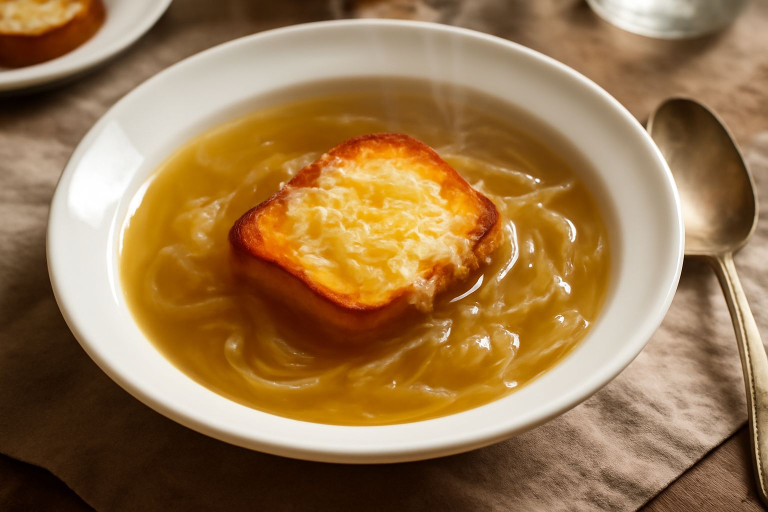 Zuppa di cipolle in ciotola bianca con cipolle trasparenti color ambra, brodo dorato, fetta di pane tostato galleggiante e formaggio fuso giallo in superficie, guarnita con prezzemolo fresco