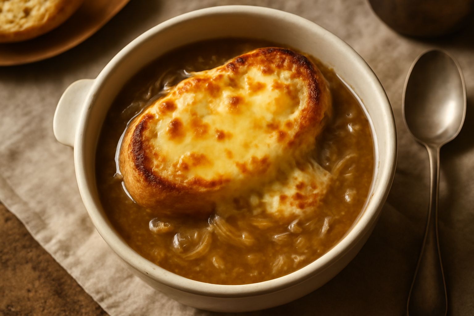 Zuppa di cipolle gratinate servita in una ciotola di ceramica bianca con pane tostato e formaggio filante dorato in superficie, vapore caldo visibile, cipolle caramellate color ambra nel brodo traspar