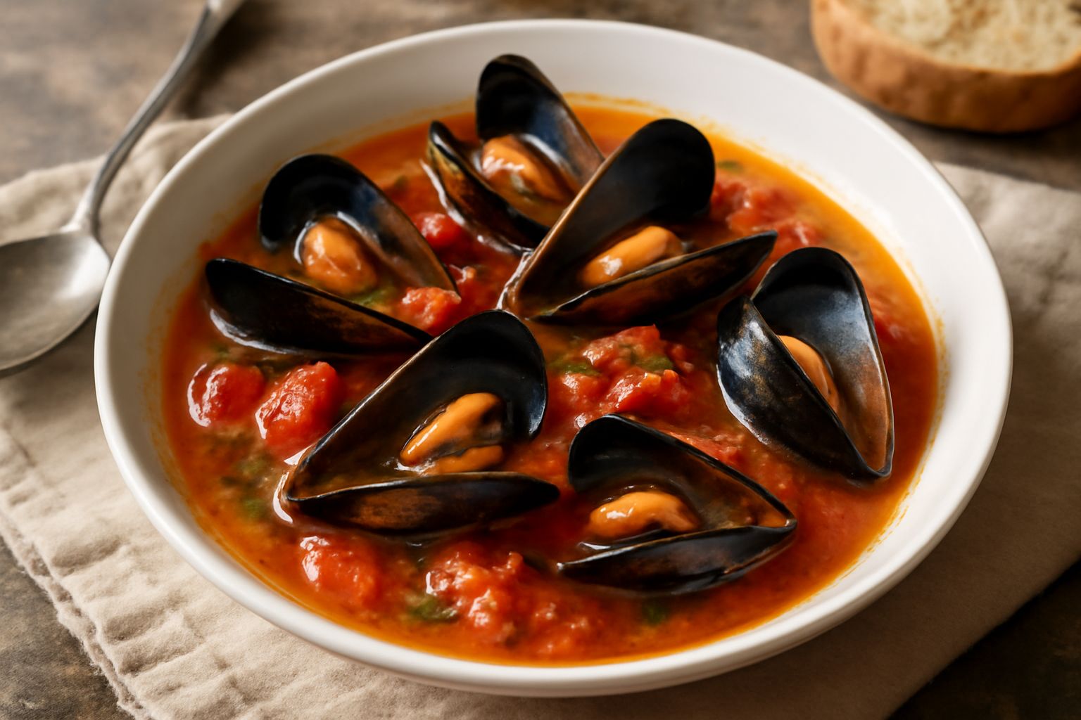 Ciotola di ceramica bianca con zuppa di cozze fumante: molluschi aperti in guscio scuro, brodo rosato al pomodoro, prezzemolo verde fresco tritato in superficie, pane tostato appoggiato al bordo