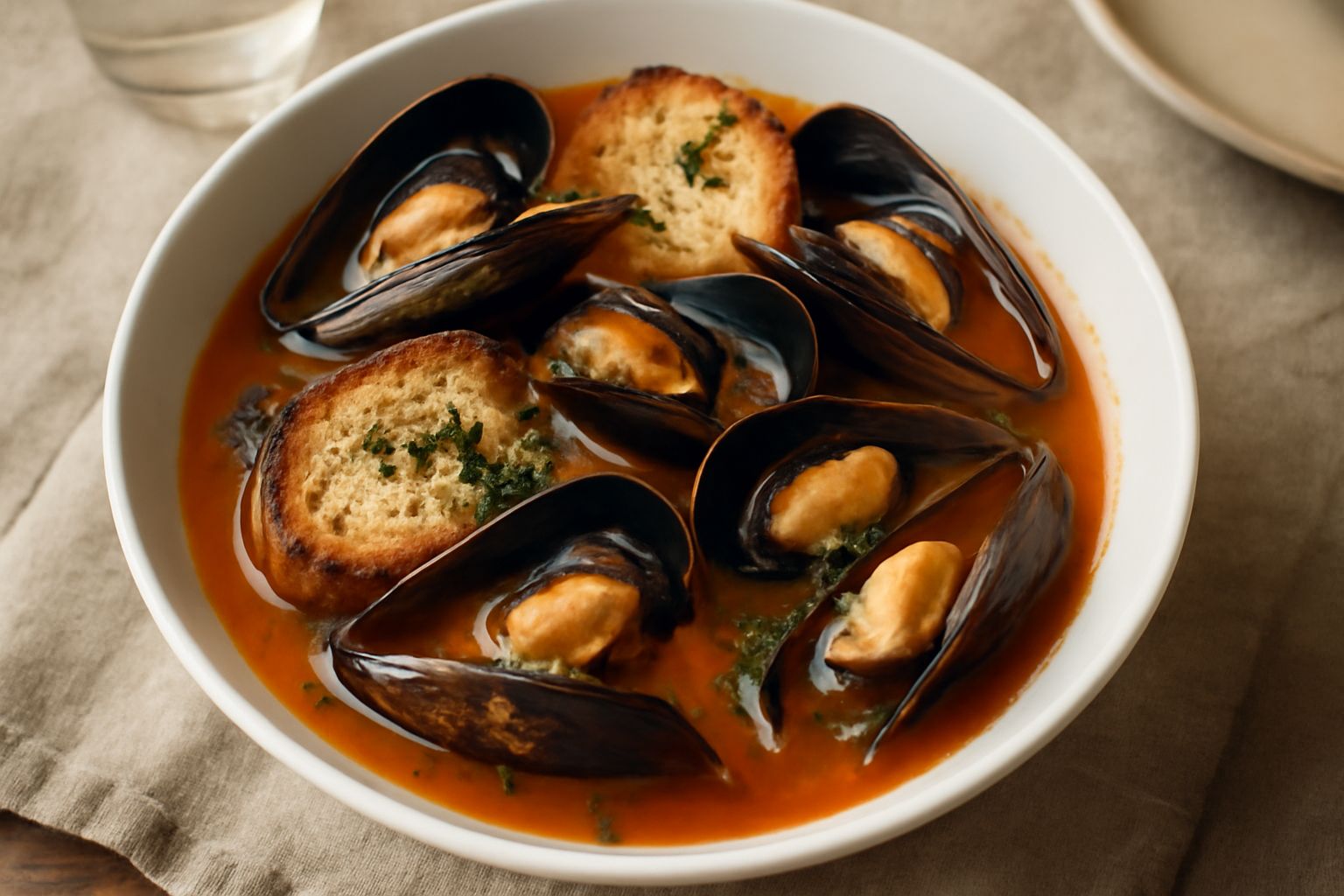 Zuppa di cozze in una ciotola bianca, molluschi aperti di colore blu scuro immersi in brodo rosso chiaro al pomodoro con fettine di pane tostato e prezzemolo fresco verde sulla superficie
