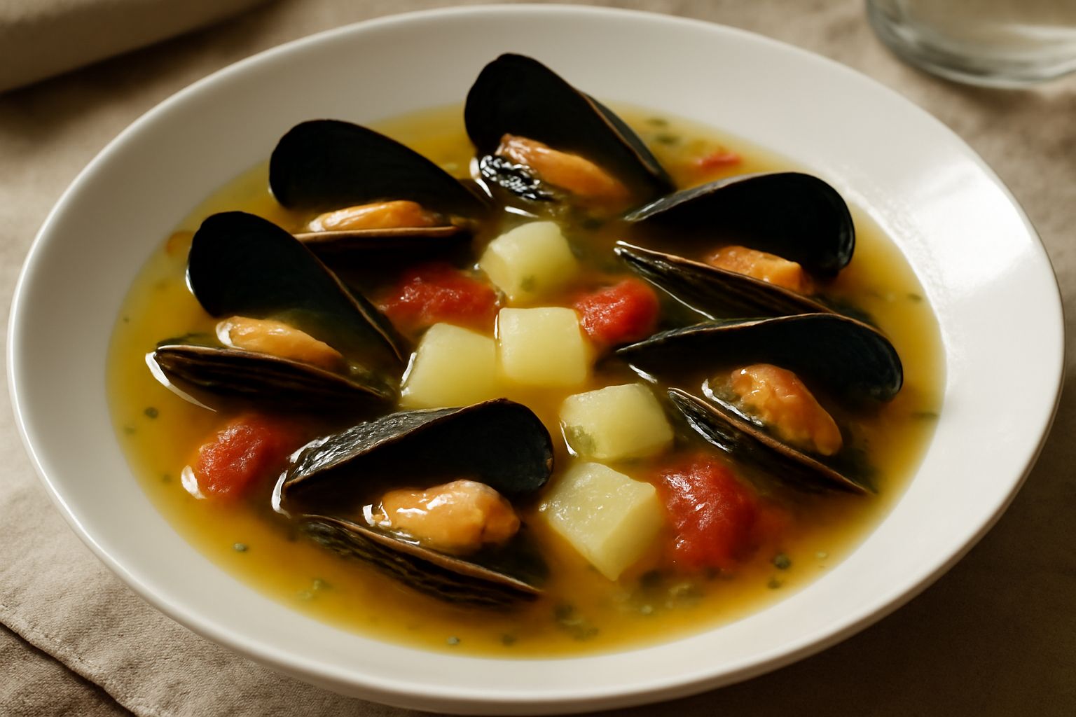 Zuppa di cozze e patate in ciotola bianca: brodo trasparente con cozze aperte nere, cubetti di patata gialla, pomodoro rosso, prezzemolo verde e fetta di pane tostato al bordo