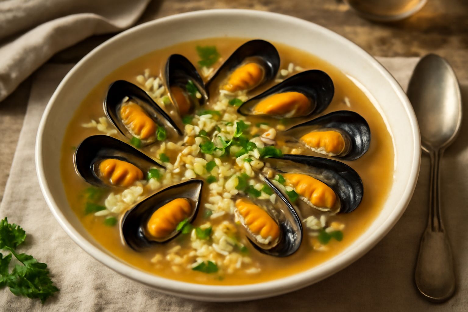 Una ciotola bianca con zuppa di cozze e riso: brodo trasparente con cozze aperte nere e arancioni, chicchi di riso visibili, prezzemolo verde spolverato in superficie, servita su sfondo bianco