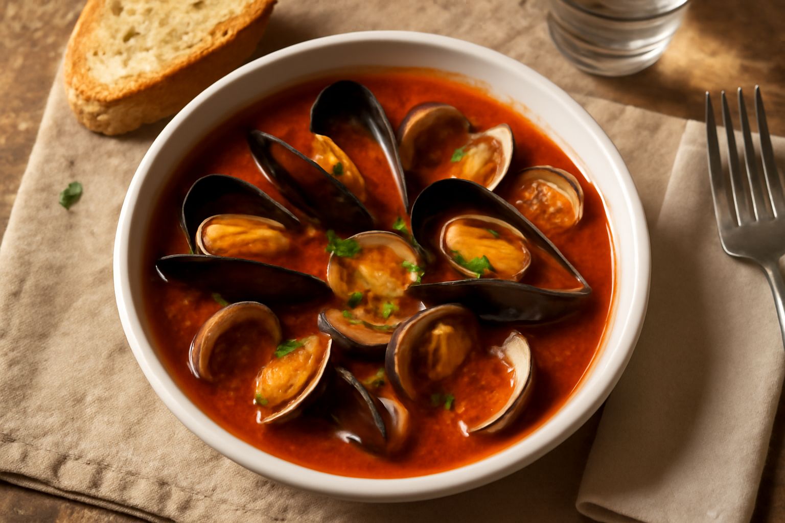 Zuppa di cozze e vongole in ciotola di ceramica bianca con molluschi aperti, brodo rosato con pomodoro, prezzemolo verde in superficie, fette di pane tostato accanto