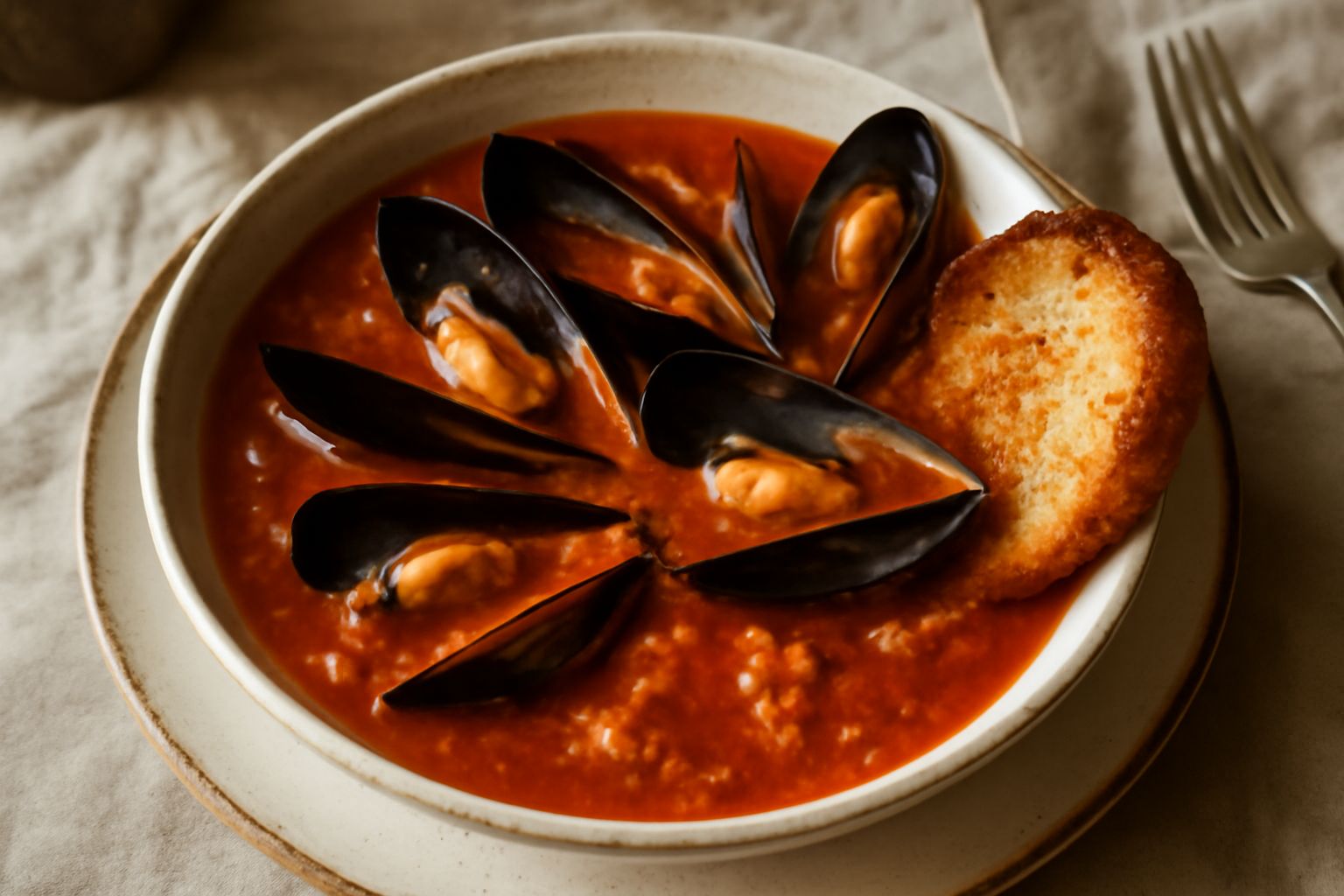 Ciotola di ceramica bianca con zuppa di cozze: cozze aperte in guscio scuro immerse in brodo rosso con pomodoro, aglio e prezzemolo verde, fette di pane tostato appoggiate sul bordo della ciotola