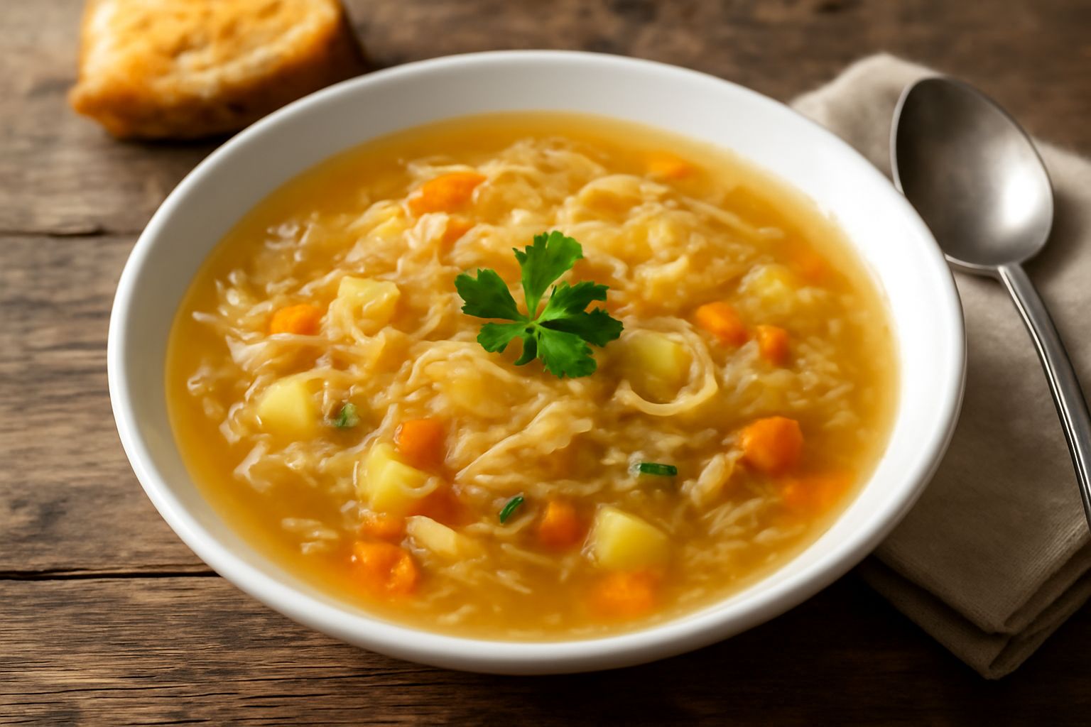 Zuppa di crauti in una ciotola di ceramica bianca: crauti di colore bianco-giallastro con verdure tagliate a dadini, brodo trasparente e dorato, qualche fogliolina di prezzemolo verde fresco in superf