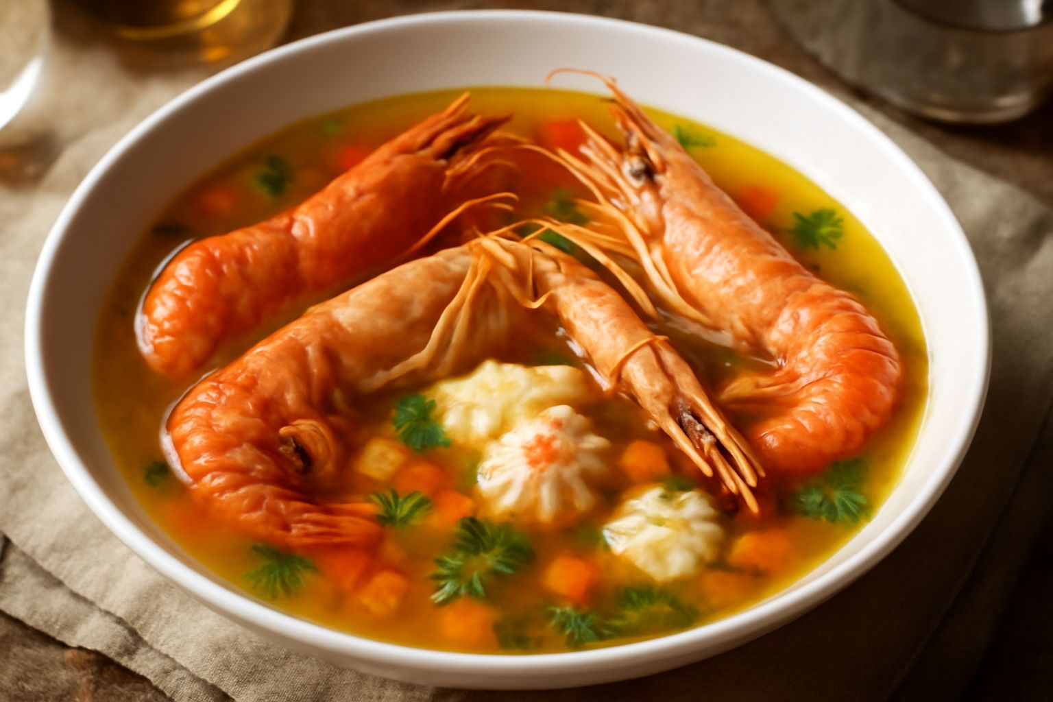 Zuppa di crostacei in una terrina bianca ampia: brodo trasparente dal colore dorato, gamberi rossi, scampi, pezzetti di aragosta, sedano e prezzemolo fresco visibile in superficie, con fette di pane t
