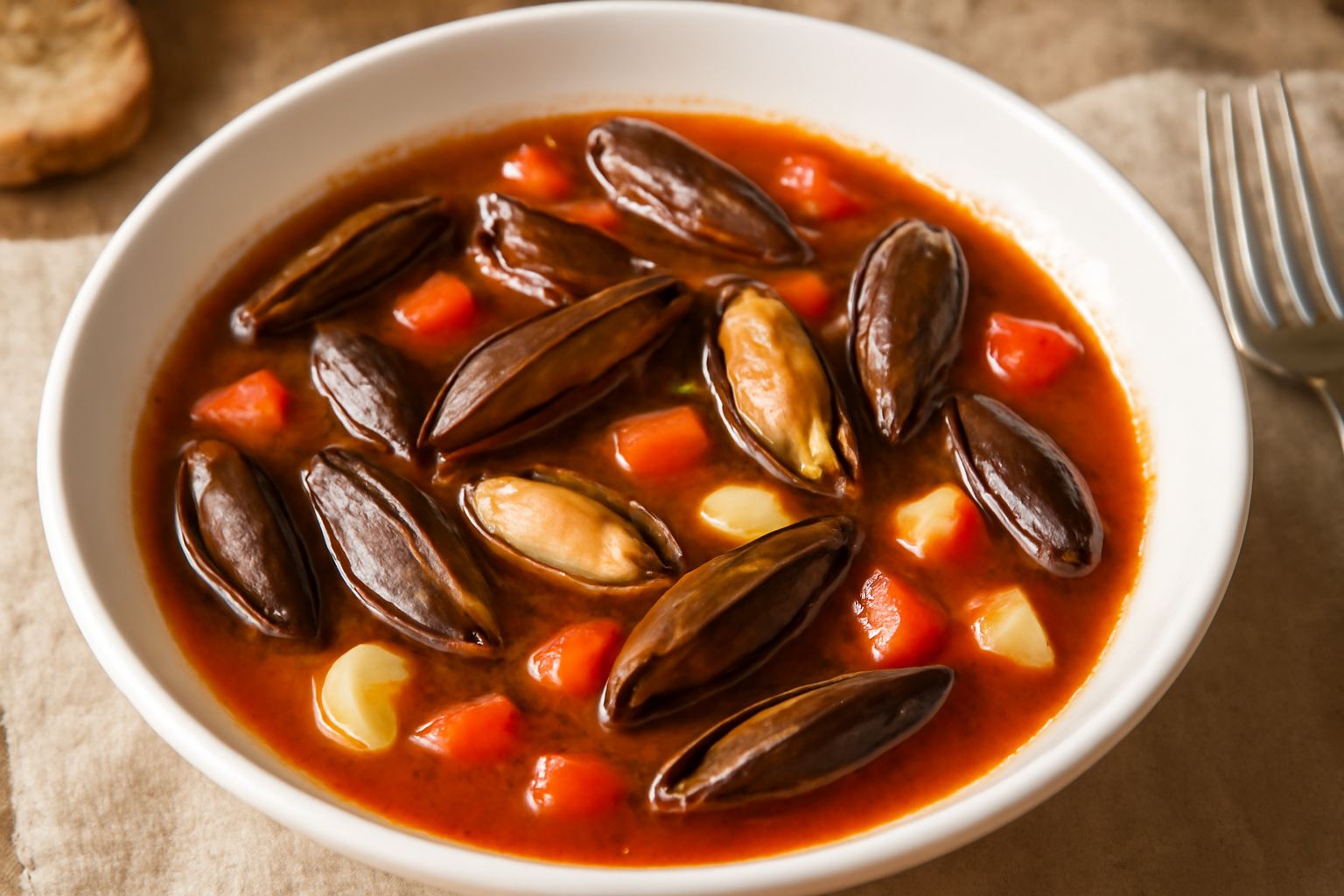 Zuppa di datteri di mare servita in ciotola bianca con brodo rosso-arancio, molluschi aperti color marrone scuro, crostini di pane tostato dorato ai bordi, prezzemolo fresco verde sparso in superficie