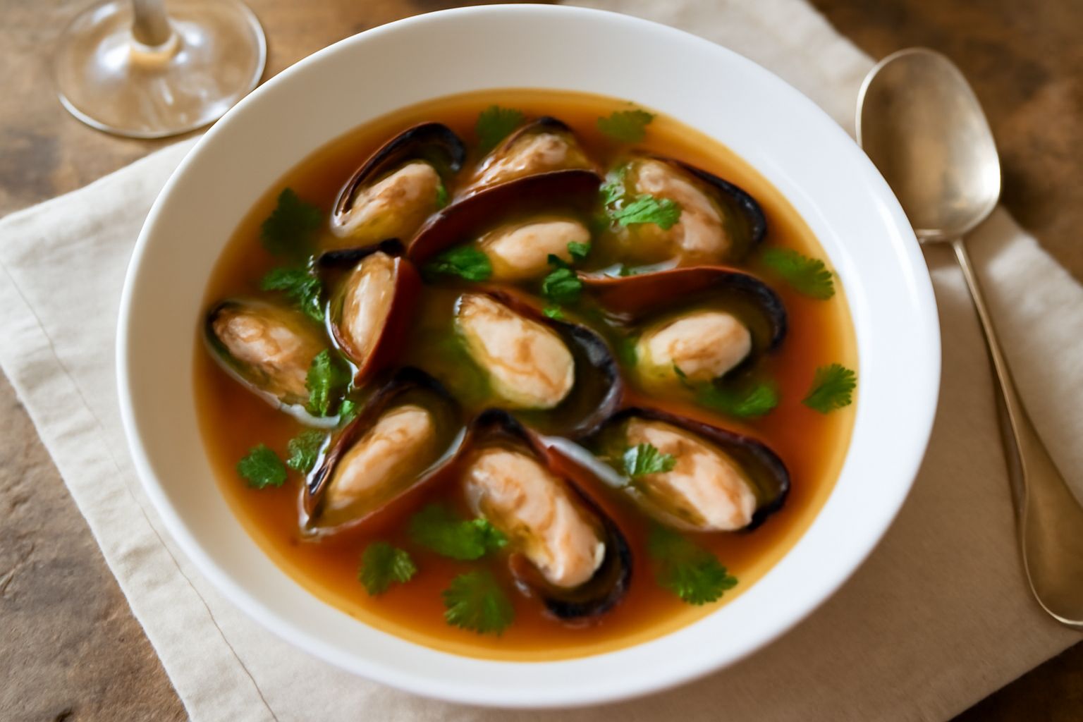 Zuppa di dattero di mare in ciotola bionda, con molluschi aperti che mostrano la carne rosa pallido, brodo trasparente ambrato, prezzemolo verde fresco sparso in superficie, accompagnata da fette di p