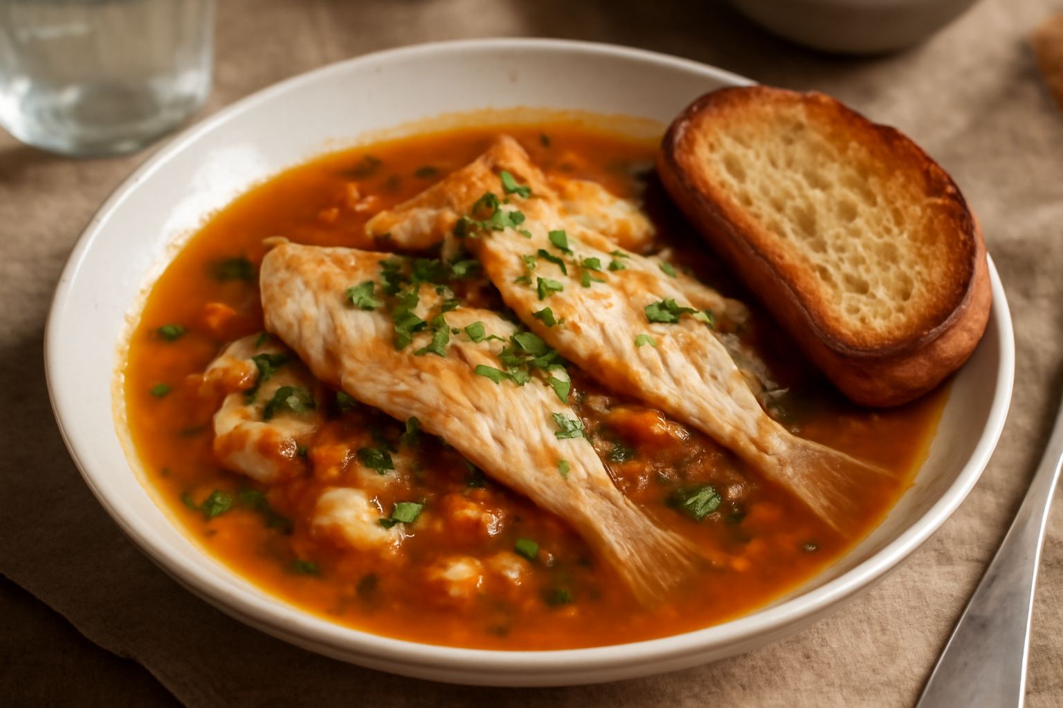 Zuppa di dentice in una ciotola di ceramica bianca, con pezzi di pesce bianco visibili, pomodoro rosso, cipolla, sedano verde e brodo trasparente, guarnita con prezzemolo fresco tritato e fetta di pan