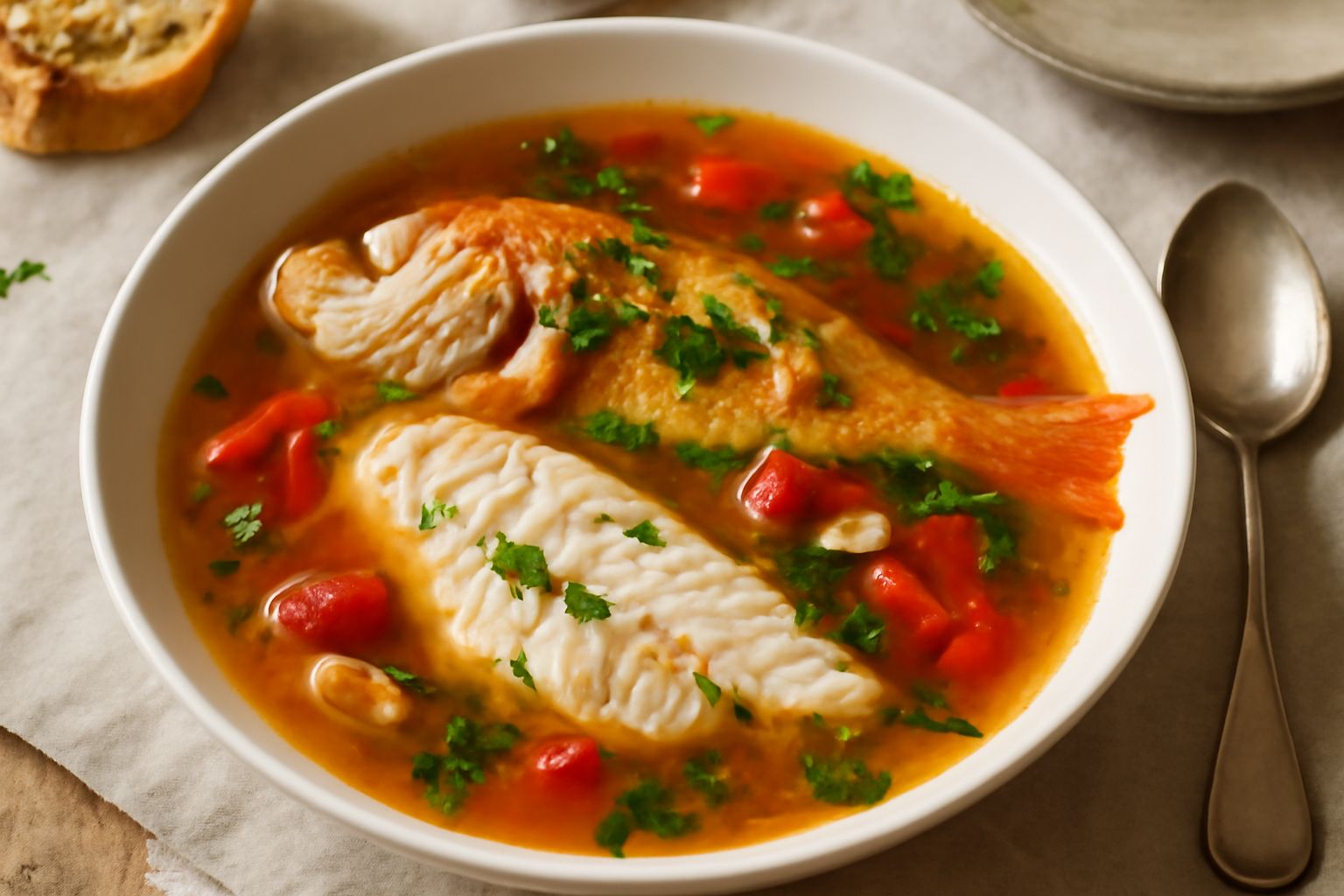 Zuppa di dentici in una ciotola bianca, con filetti di pesce bianco in brodo rosato con pomodori, aglio e prezzemolo fresco, accanto fette di pane tostato